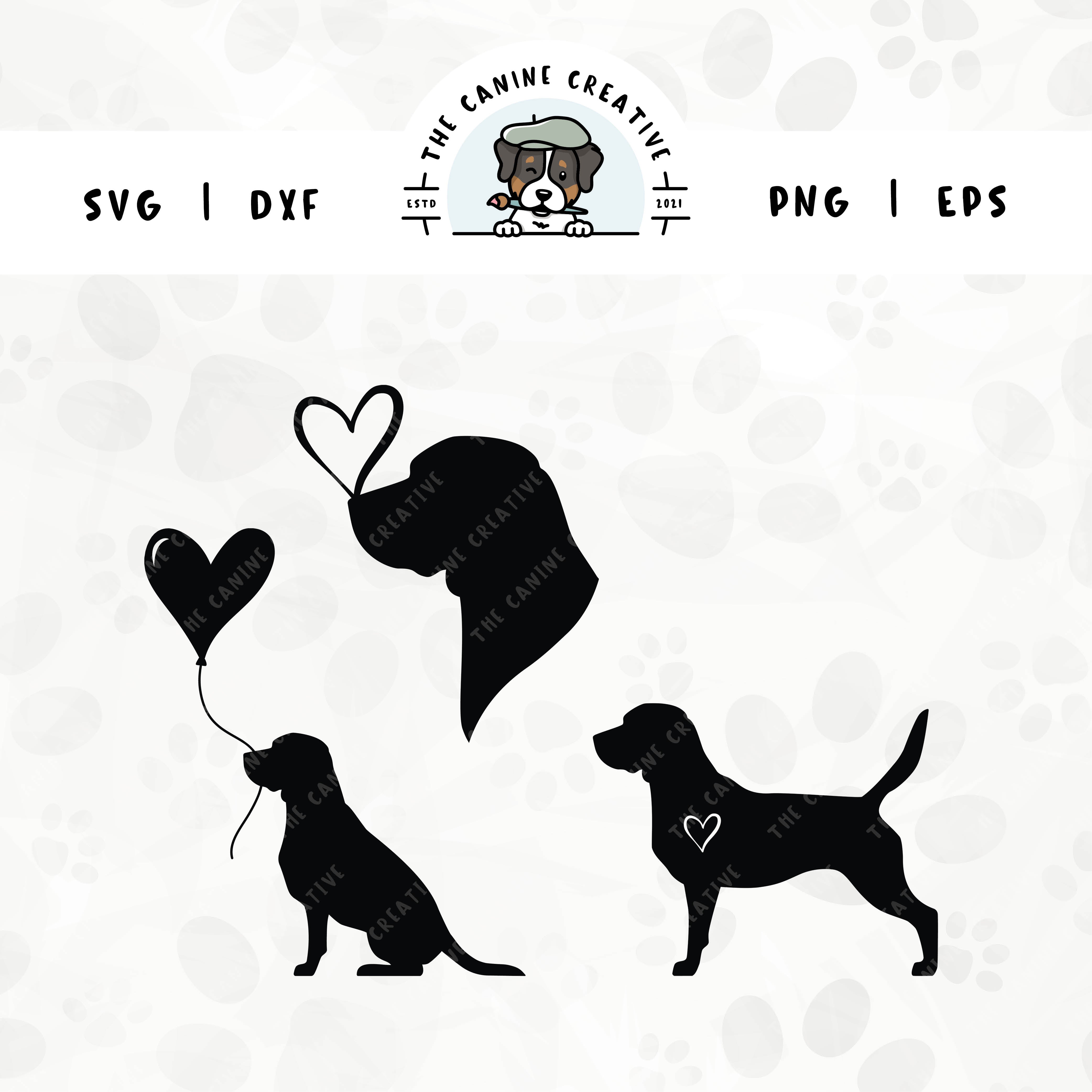 This 3-pack Beagle silhouette bundle features a head portrait of a dog with a heart perched atop it’s nose, a sitting dog holding a heart balloon, and a standing profile of a dog with a heart inset. File formats include: SVG, DXF, PNG, and EPS.