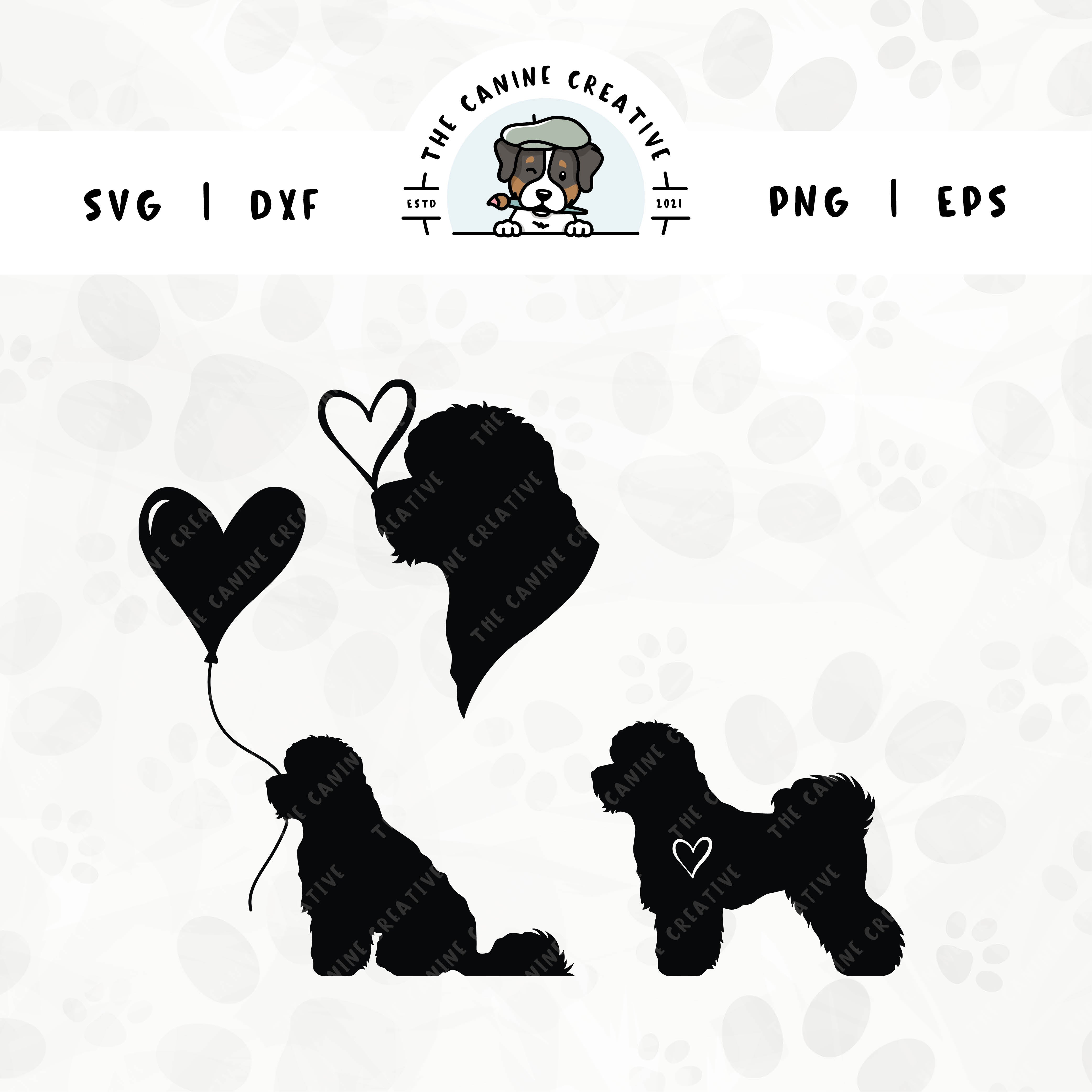 This 3-pack Bichon Frise silhouette bundle features a head portrait of a dog with a heart perched atop it’s nose, a sitting dog holding a heart balloon, and a standing profile of a dog with a heart inset. File formats include: SVG, DXF, PNG, and EPS.