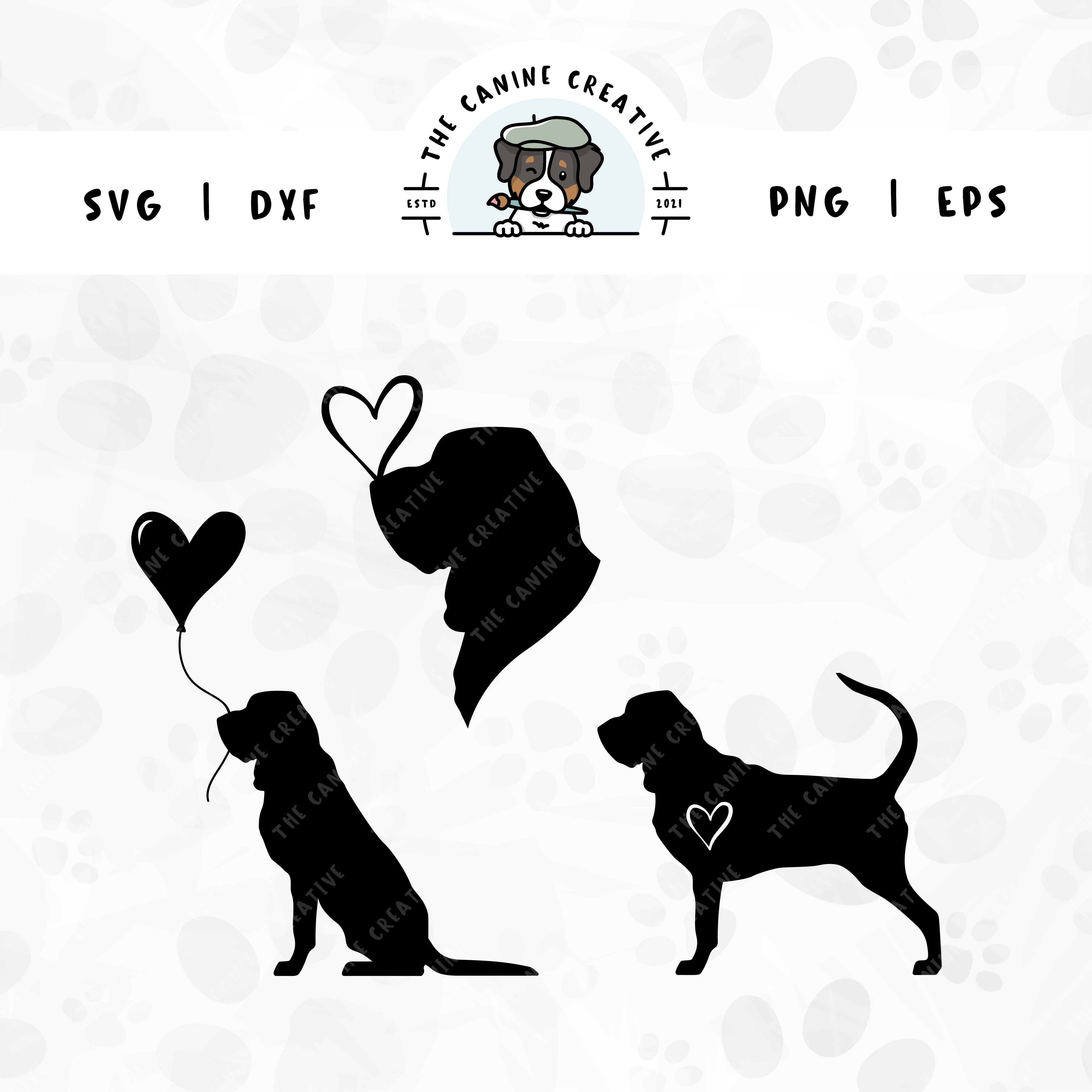 This 3-pack Bloodhound silhouette bundle features a head portrait of a dog with a heart perched atop it’s nose, a sitting dog holding a heart balloon, and a standing profile of a dog with a heart inset. File formats include: SVG, DXF, PNG, and EPS.