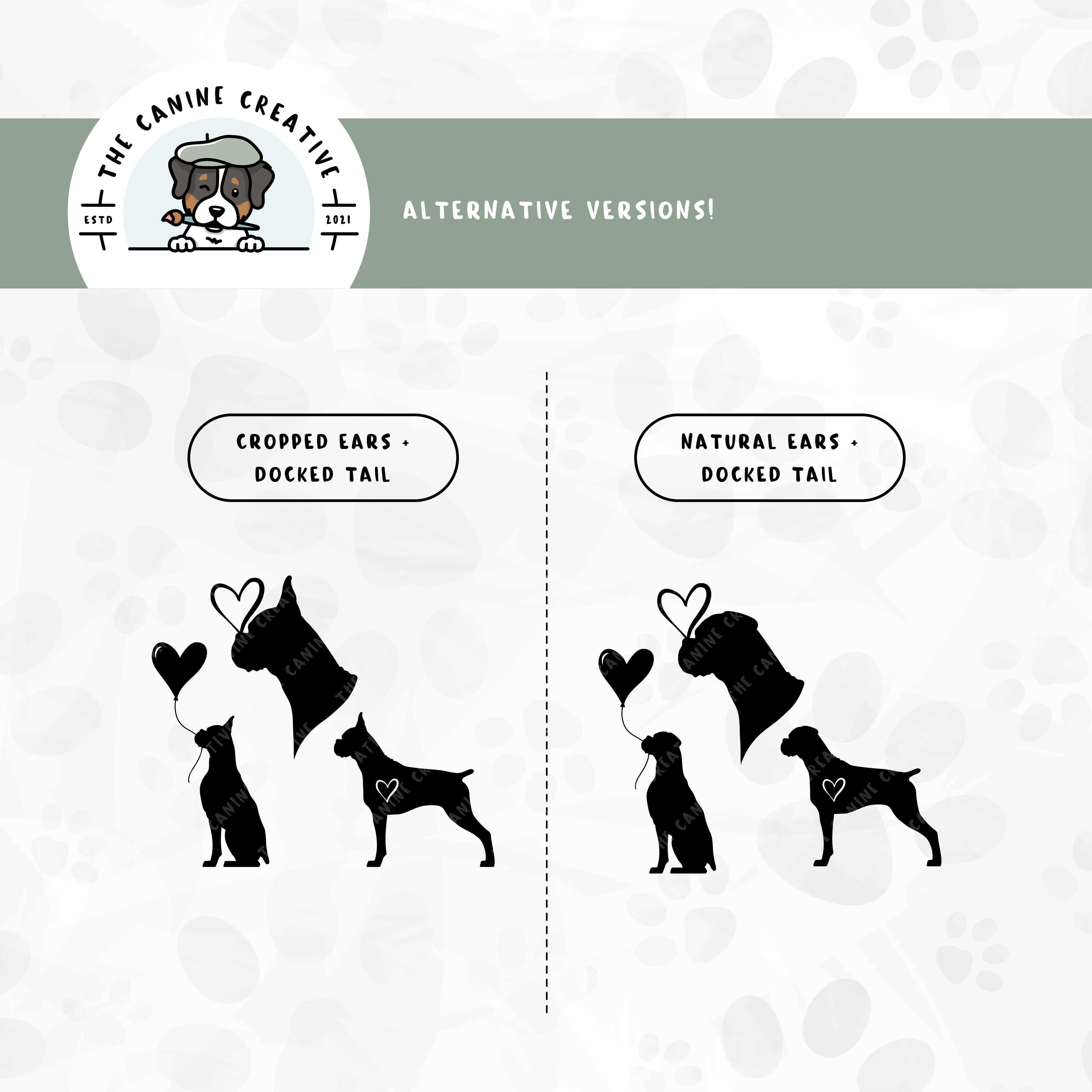 Alternative cropped ear/docked tail or floppy ear/docked tail editions are also available for this 3-pack Boxer dog heart silhouette bundle.
