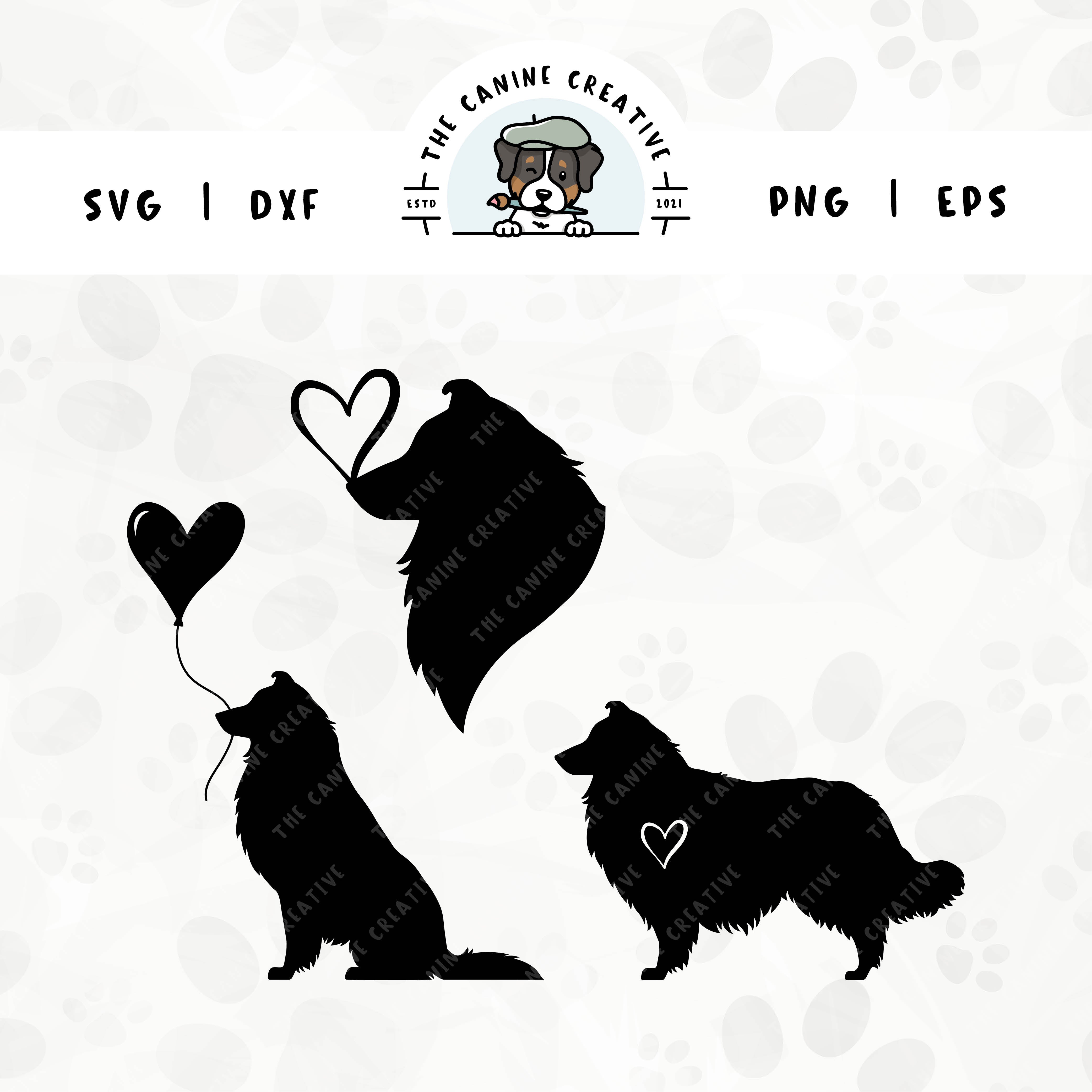 This 3-pack Rough Collie/Shetland Sheepdog silhouette bundle features a head portrait of a dog with a heart perched atop it’s nose, a sitting dog holding a heart balloon, and a standing profile of a dog with a heart inset. File formats include: SVG, DXF, PNG, and EPS.