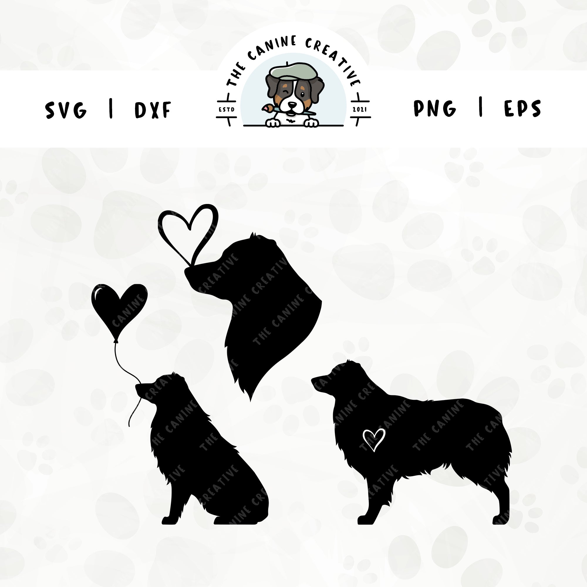 This 3-pack, docked tail Australian Shepherd silhouette bundle features a head portrait of a dog with a heart perched atop it’s nose, a sitting dog holding a heart balloon, and a standing profile of a dog with a heart inset. File formats include: SVG, DXF, PNG, and EPS.