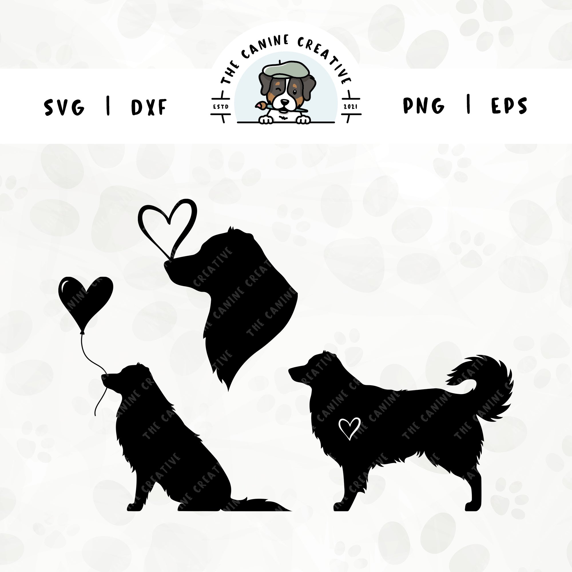 This 3-pack, long tail Australian Shepherd silhouette bundle features a head portrait of a dog with a heart perched atop it’s nose, a sitting dog holding a heart balloon, and a standing profile of a dog with a heart inset. File formats include: SVG, DXF, PNG, and EPS.
