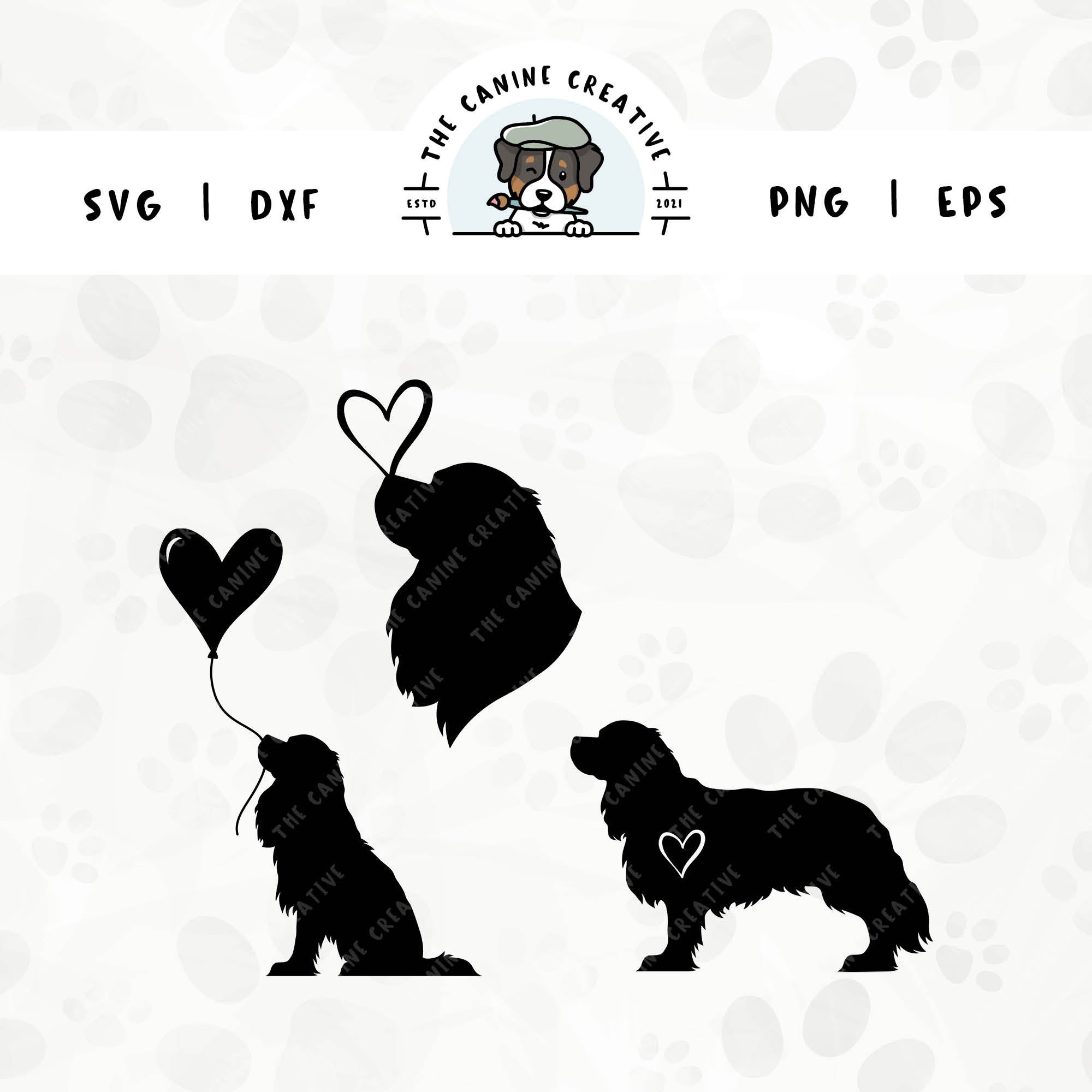 This 3-pack Cavalier King Charles Spaniel silhouette bundle features a head portrait of a dog with a heart perched atop it’s nose, a sitting dog holding a heart balloon, and a standing profile of a dog with a heart inset. File formats include: SVG, DXF, PNG, and EPS.