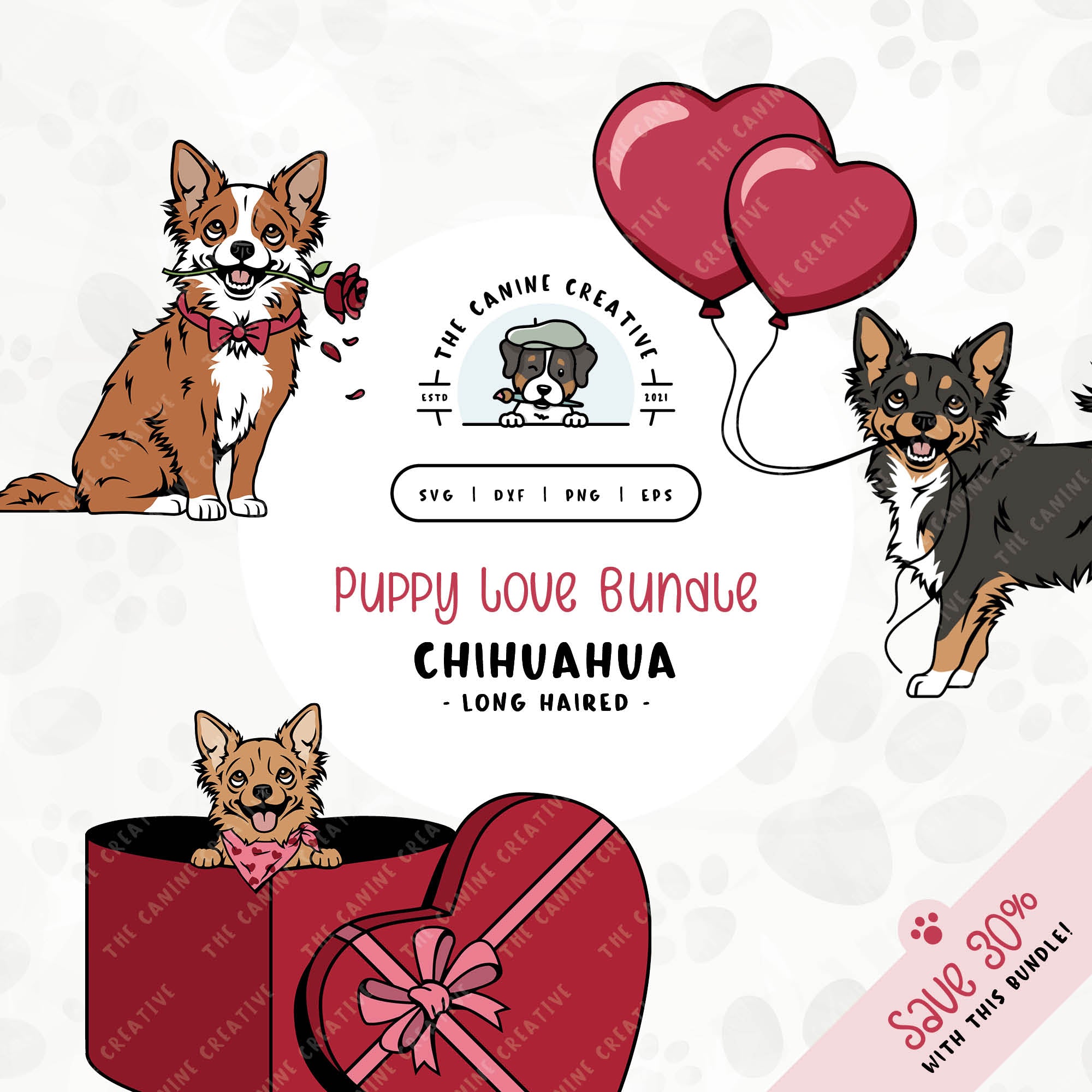 This 3-pack puppy love illustration bundle features Long Haired Chihuahuas holding heart balloons, peeking out of a heart-shaped box, and holding a rose. File formats include: SVG, DXF, PNG, and EPS.