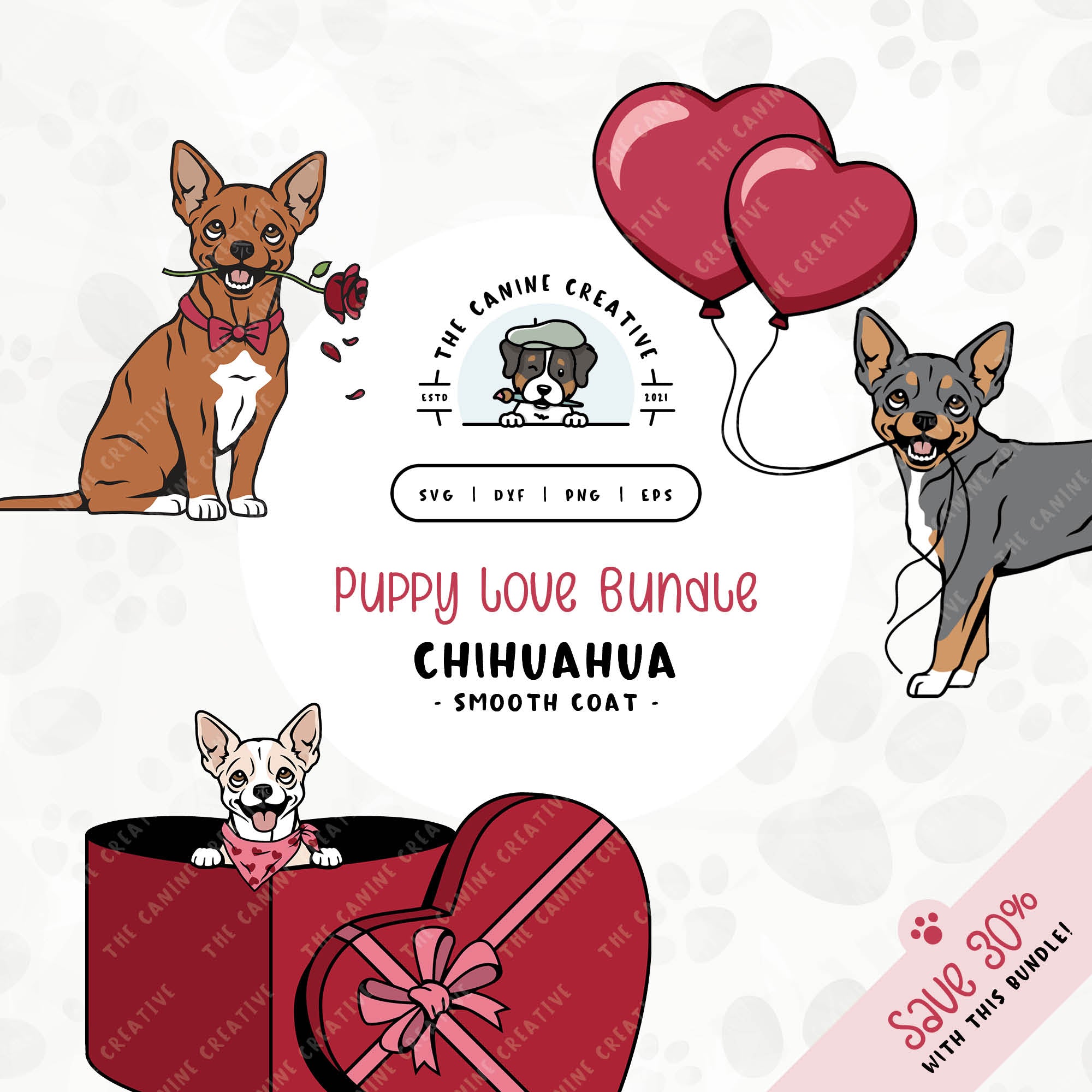 This 3-pack puppy love illustration bundle features Smooth Coat Chihuahuas holding heart balloons, peeking out of a heart-shaped box, and holding a rose. File formats include: SVG, DXF, PNG, and EPS.