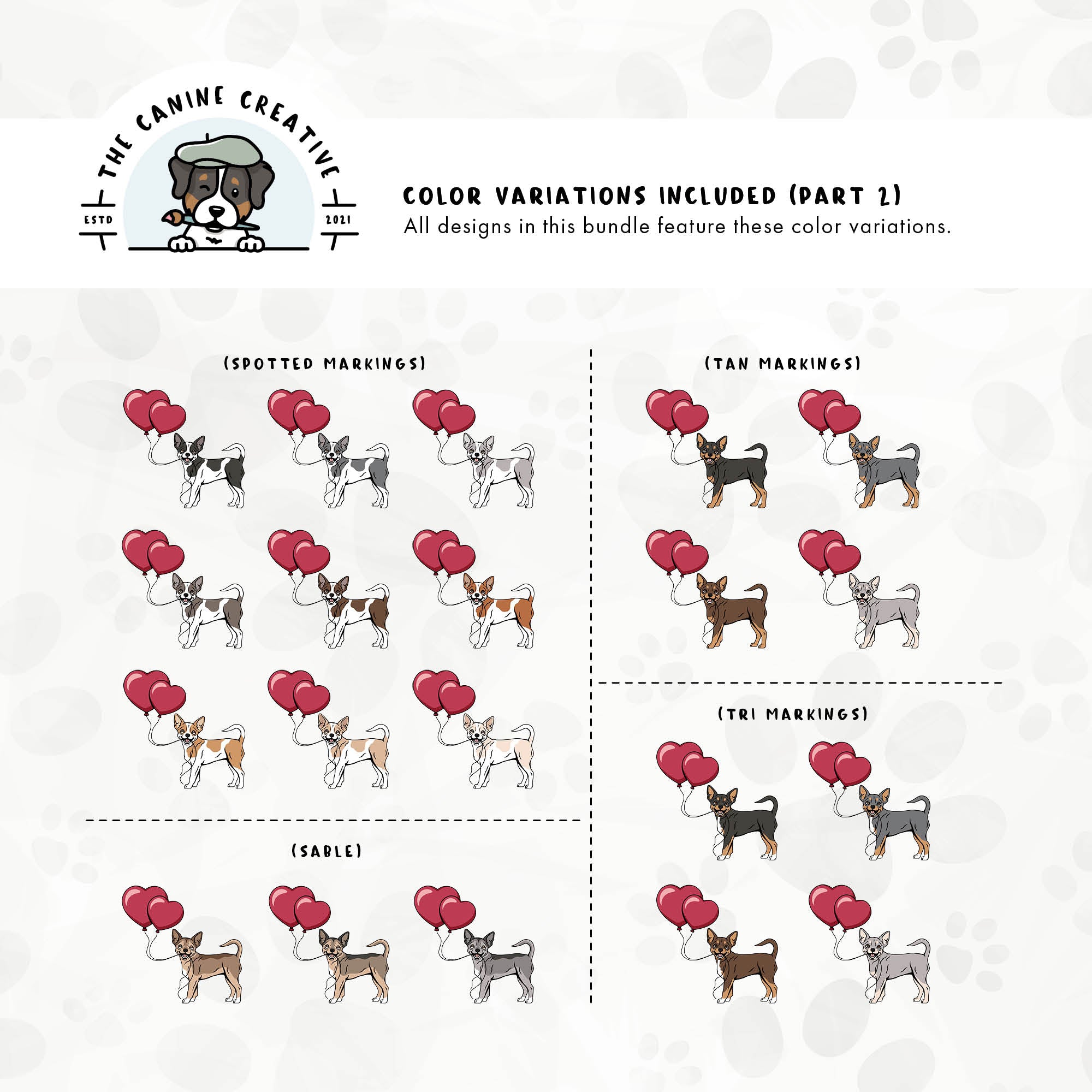 Part 2 of this design set features Chihuahuas with spotted, sable, tan, and tri-color markings.