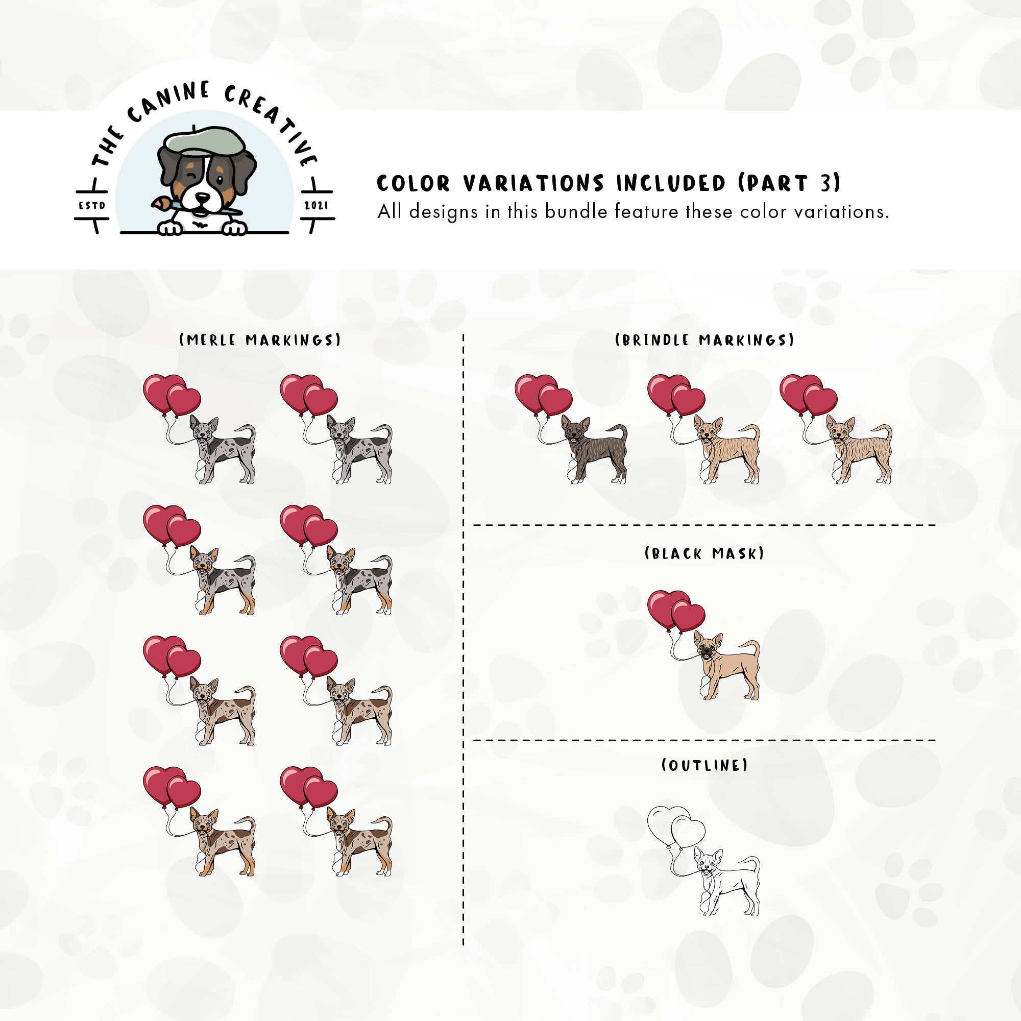 Part 3 of this design set includes Chihuahuas with merle, brindle, and black mask markings, along with an outline option.