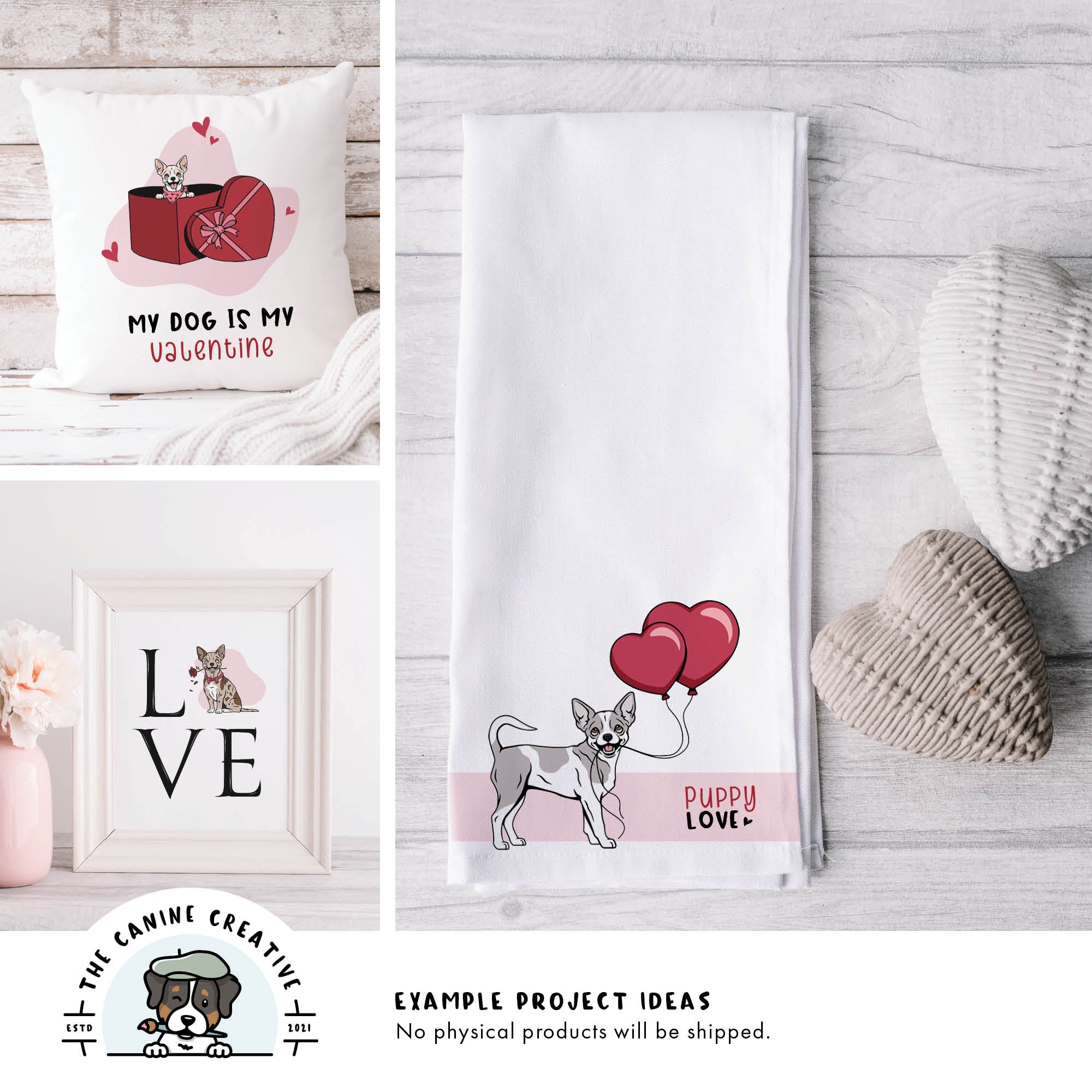 Example project ideas showing designs on a pillow and tea towel and as framed art.