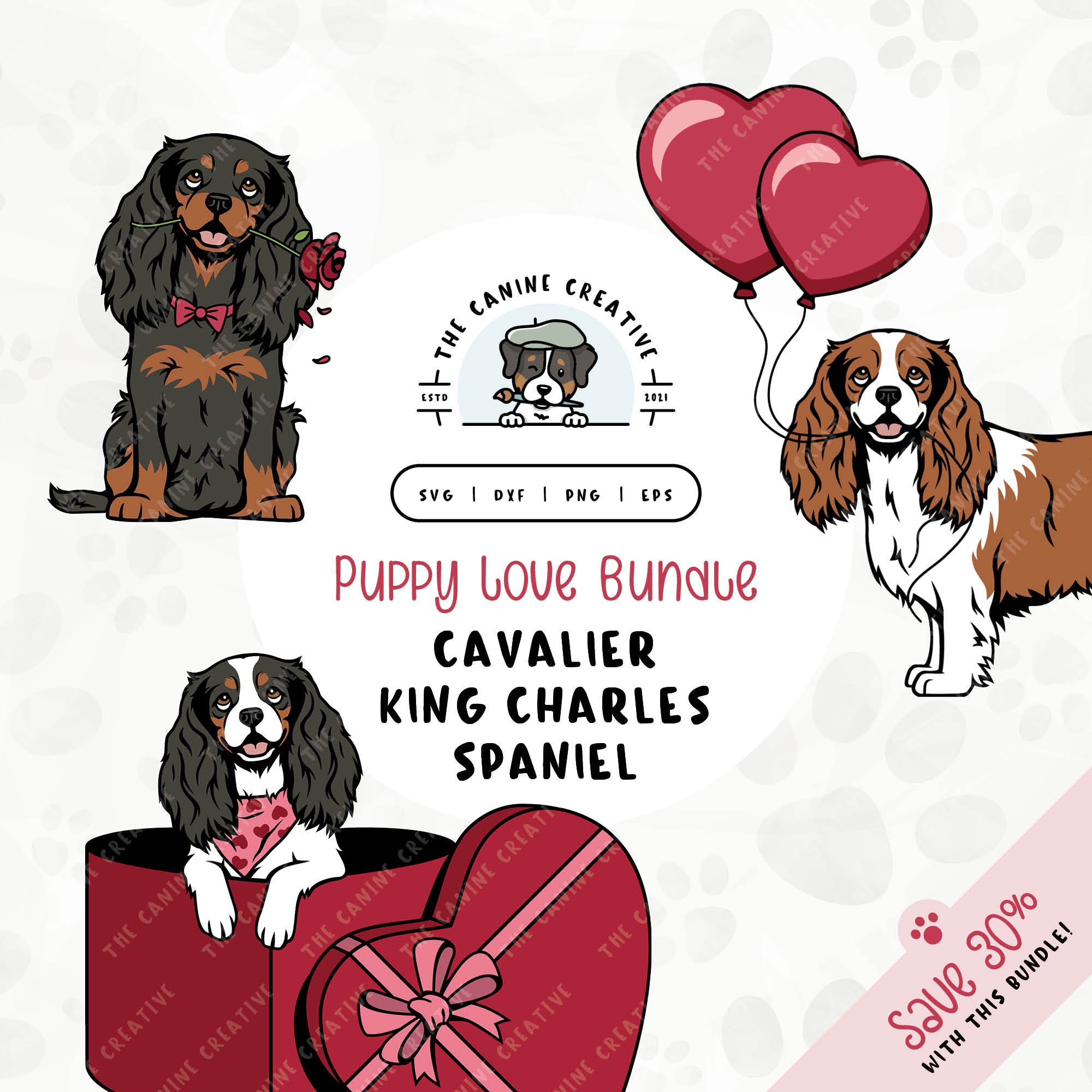 This 3-pack puppy love illustration bundle features Cavaliers King Charles Spaniel holding heart balloons, peeking out of a heart-shaped box, and holding a rose. File formats include: SVG, DXF, PNG, and EPS.