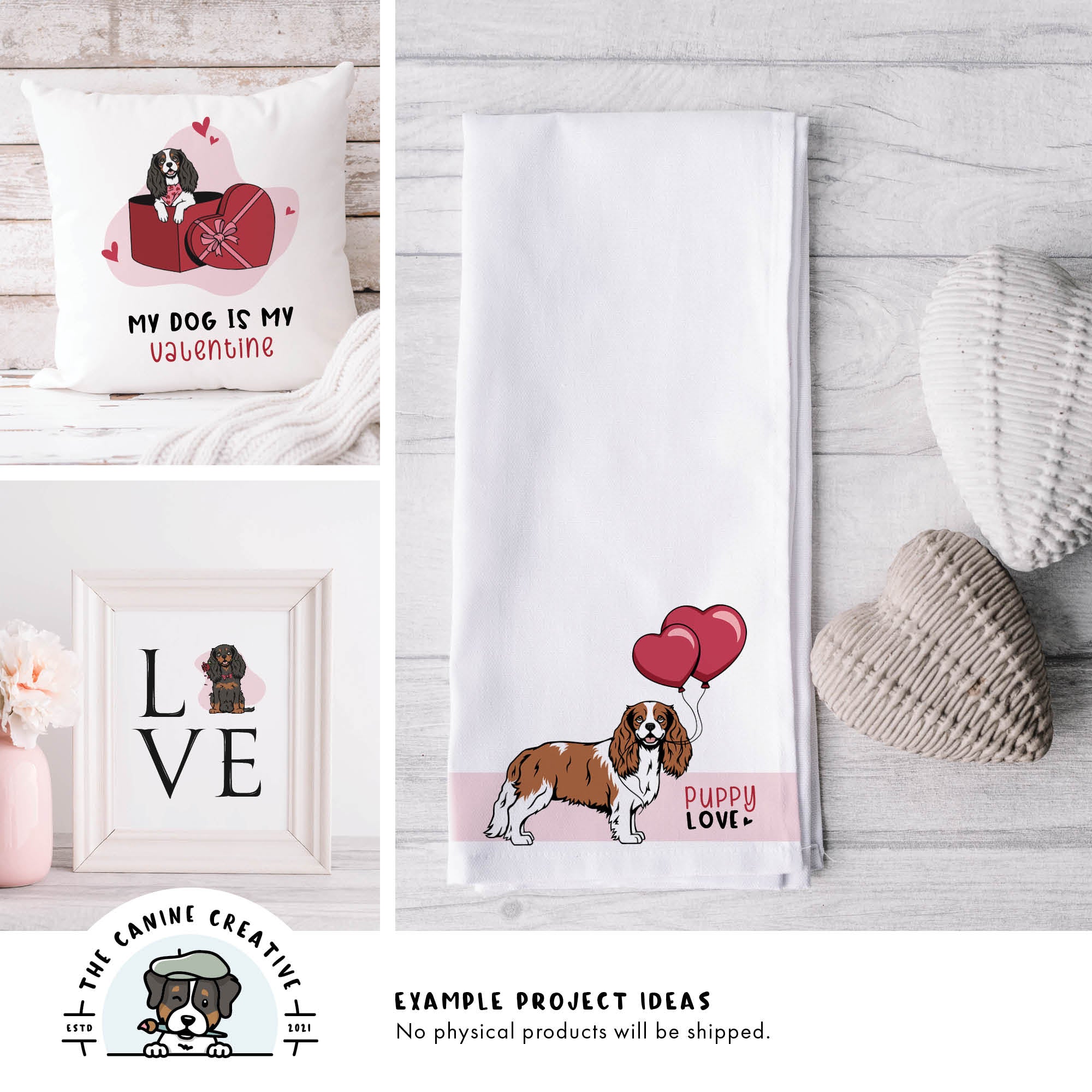 Example project ideas showing designs on a pillow and tea towel and as framed art.