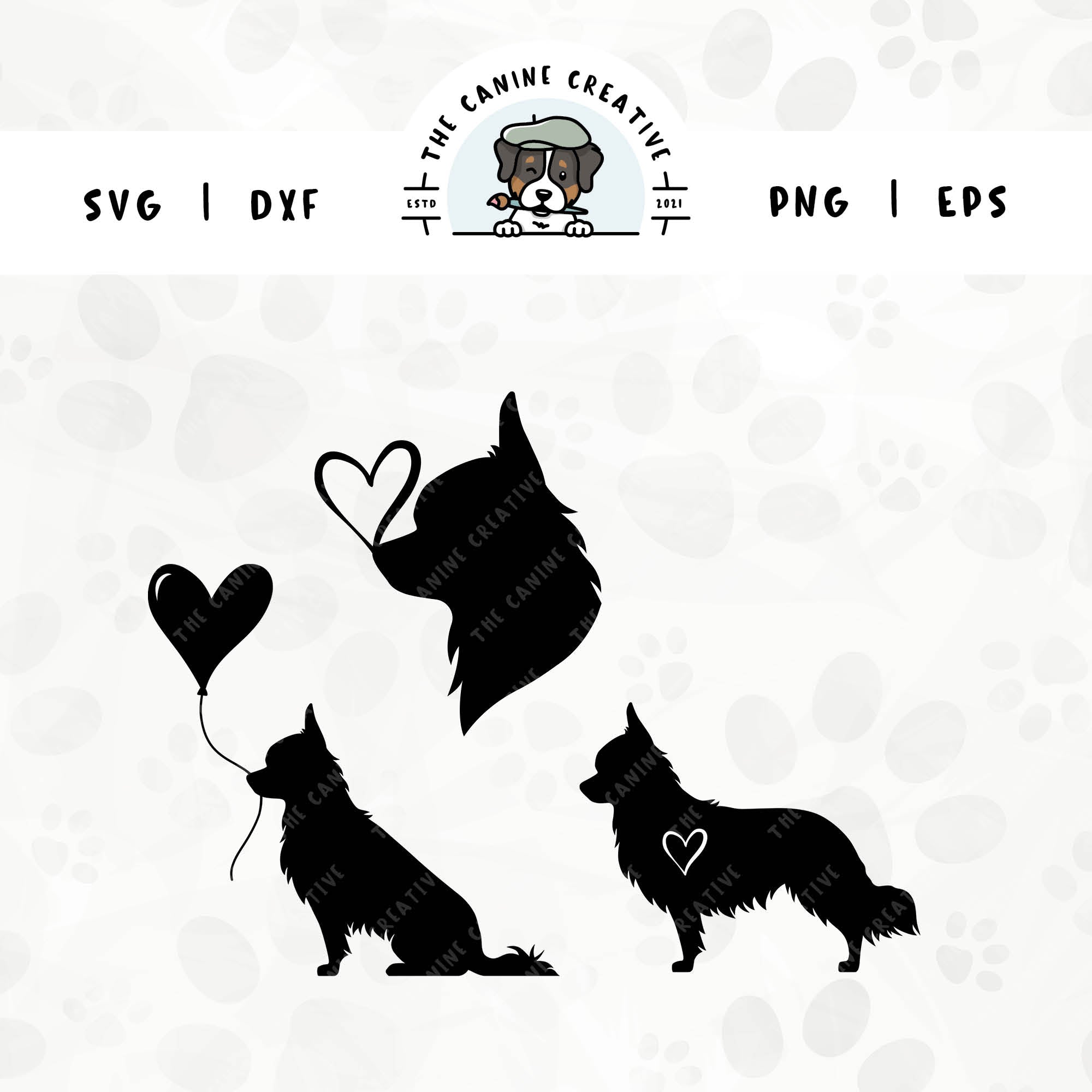 This 3-pack Long Haired Chihuahua silhouette bundle features a head portrait of a dog with a heart perched atop it’s nose, a sitting dog holding a heart balloon, and a standing profile of a dog with a heart inset. File formats include: SVG, DXF, PNG, and EPS.