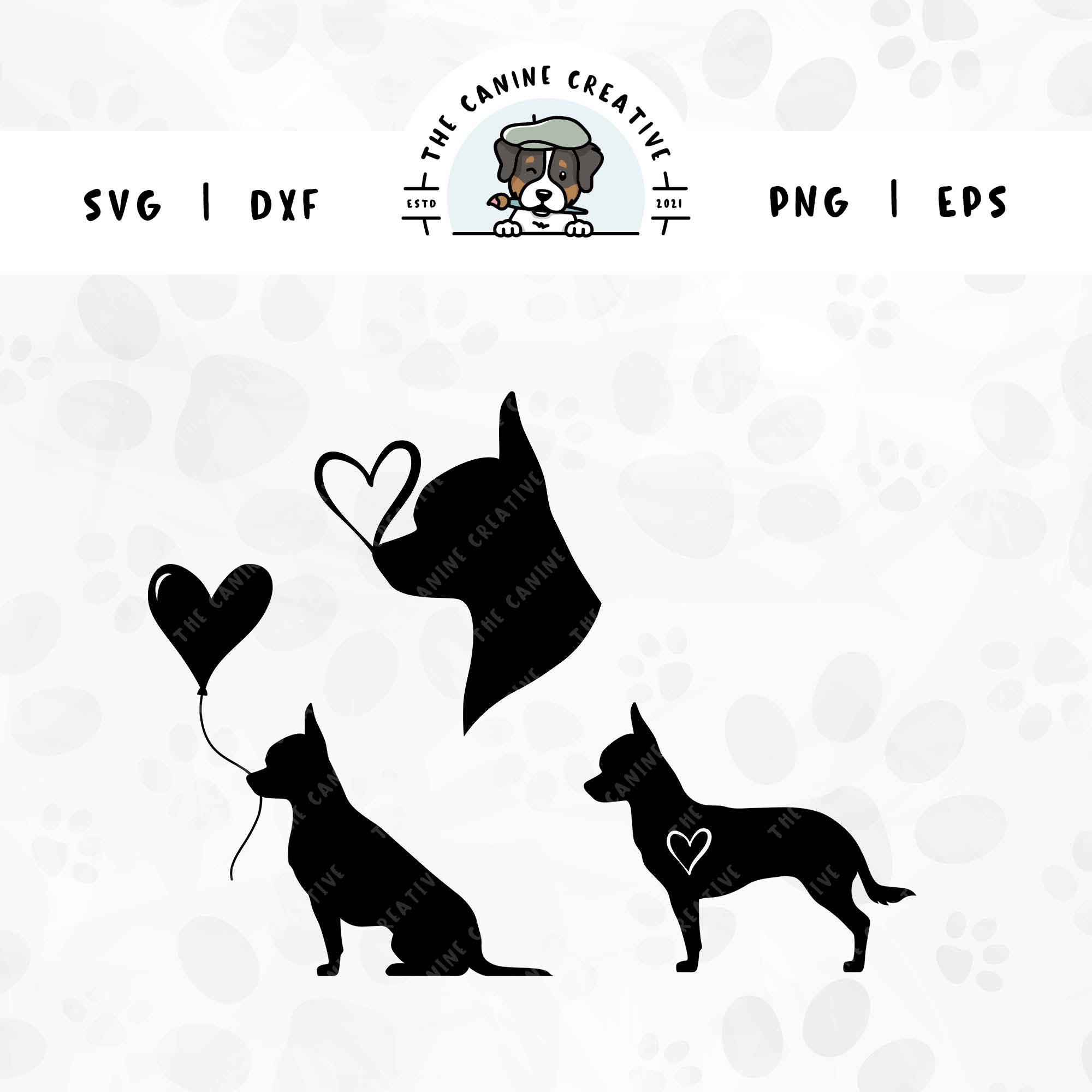 This 3-pack Smooth Coat Chihuahua silhouette bundle features a head portrait of a dog with a heart perched atop it’s nose, a sitting dog holding a heart balloon, and a standing profile of a dog with a heart inset. File formats include: SVG, DXF, PNG, and EPS.