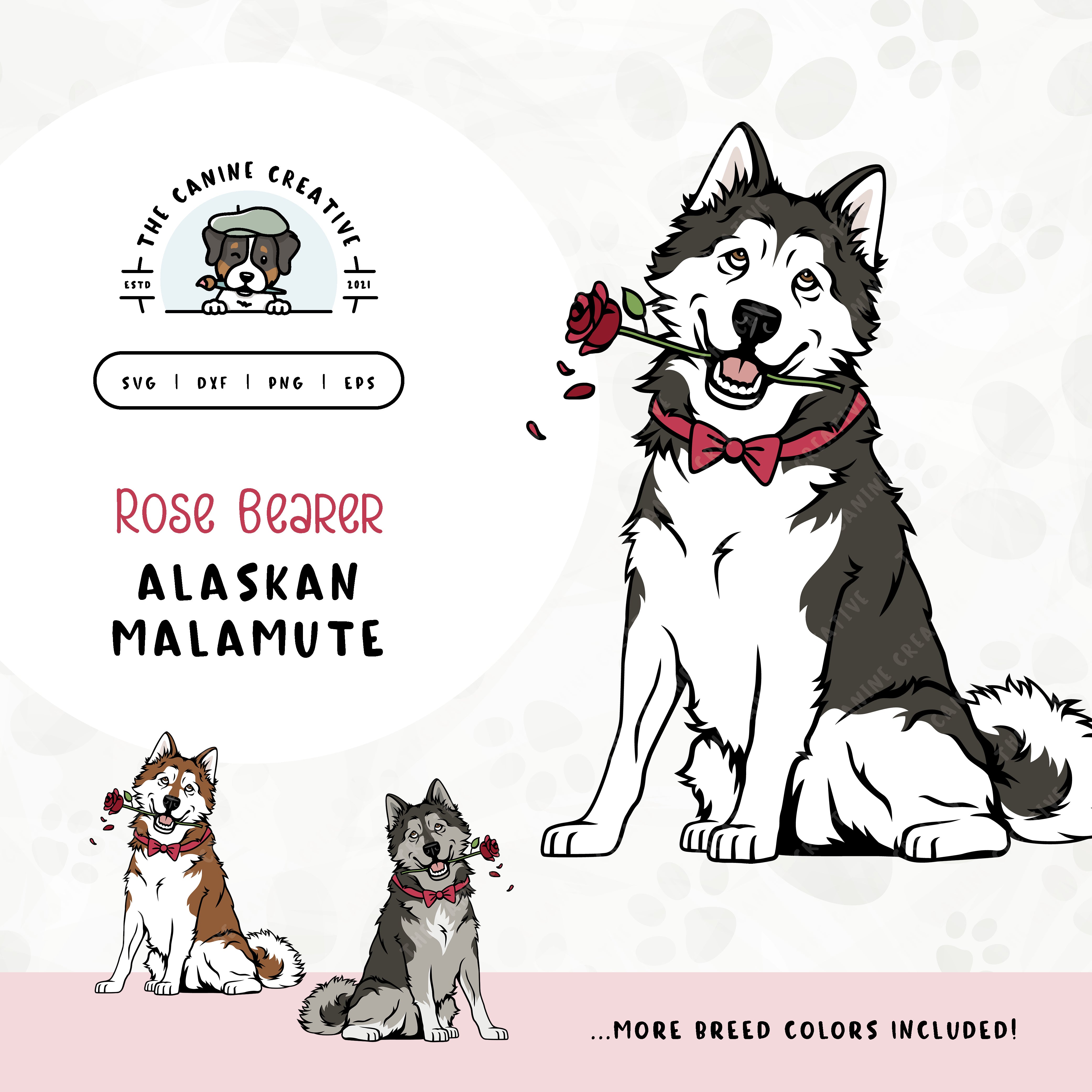 This charming illustration of an Alaskan Malamute features a dapper dog adorned with a bow-tie and holding a rose. File formats include: SVG, DXF, PNG, and EPS.
