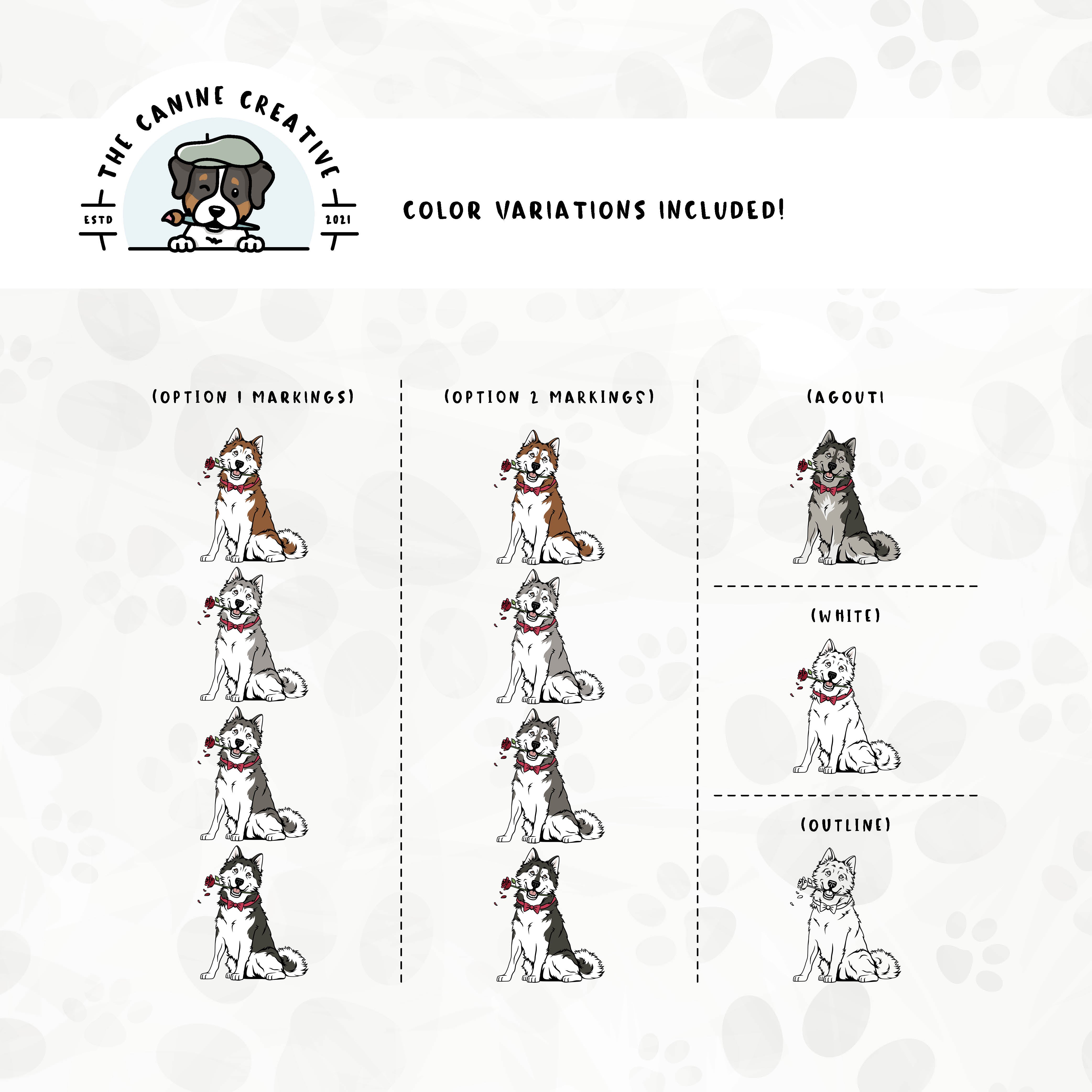 Dog color variations for this design set includes common color and marking variations found in Alaskan Malamutes (bi-color, Agouti, and white), as well as an outline option.