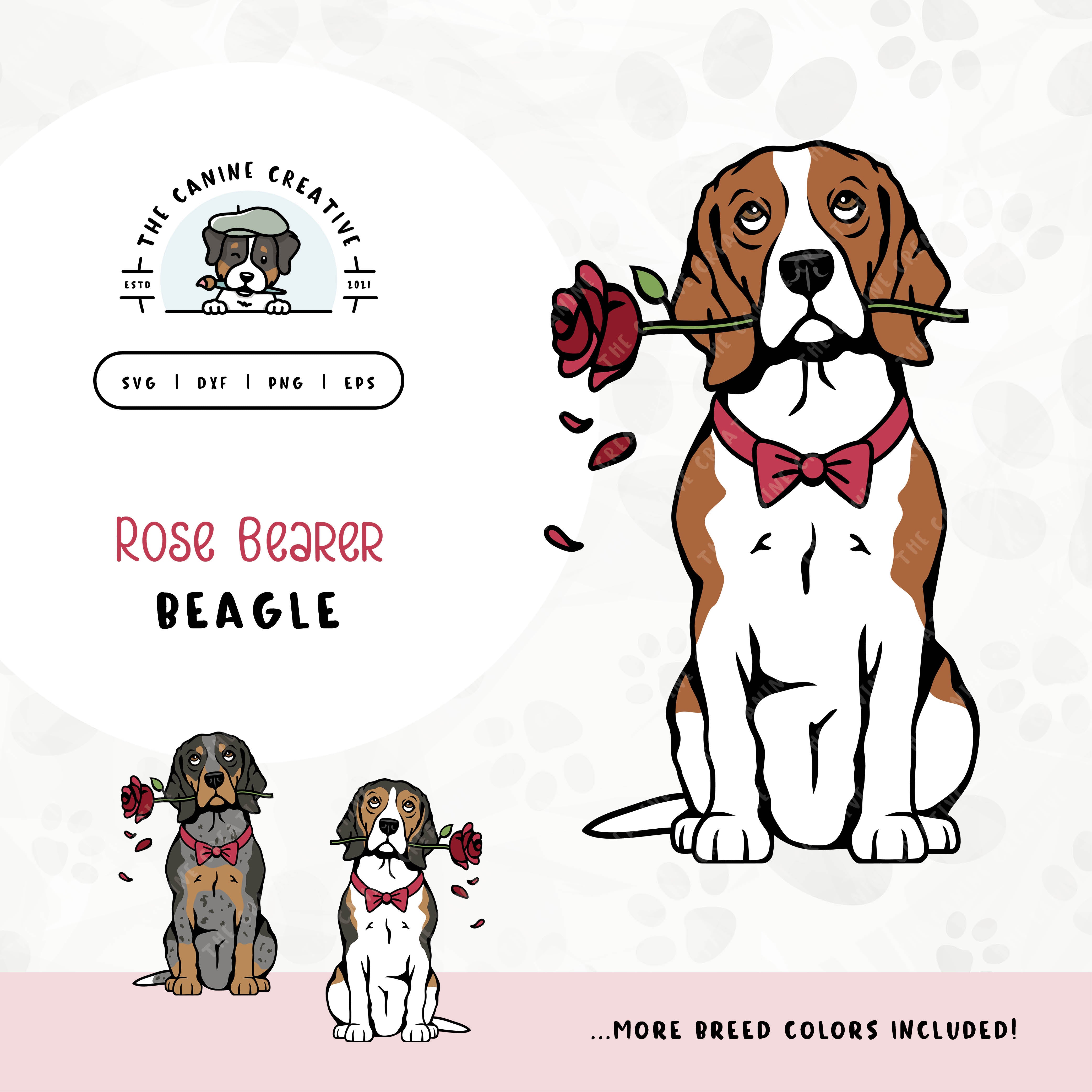 This charming illustration of a Beagle features a dapper dog adorned with a bow-tie and holding a rose. File formats include: SVG, DXF, PNG, and EPS.