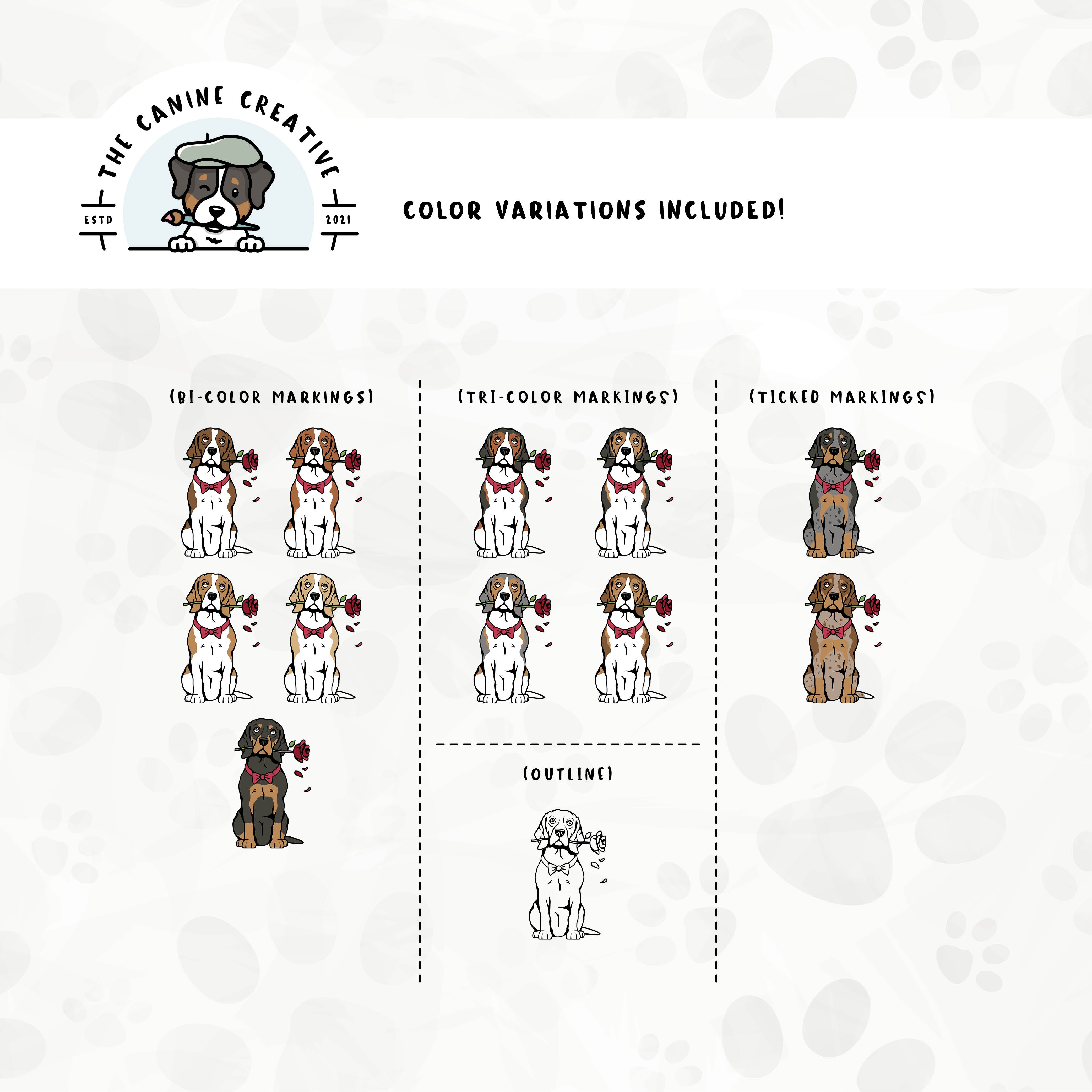 Dog color variations for this design set includes common color and marking variations found in Beagles (bi-color, tri-color, and ticked), as well as an outline option. 