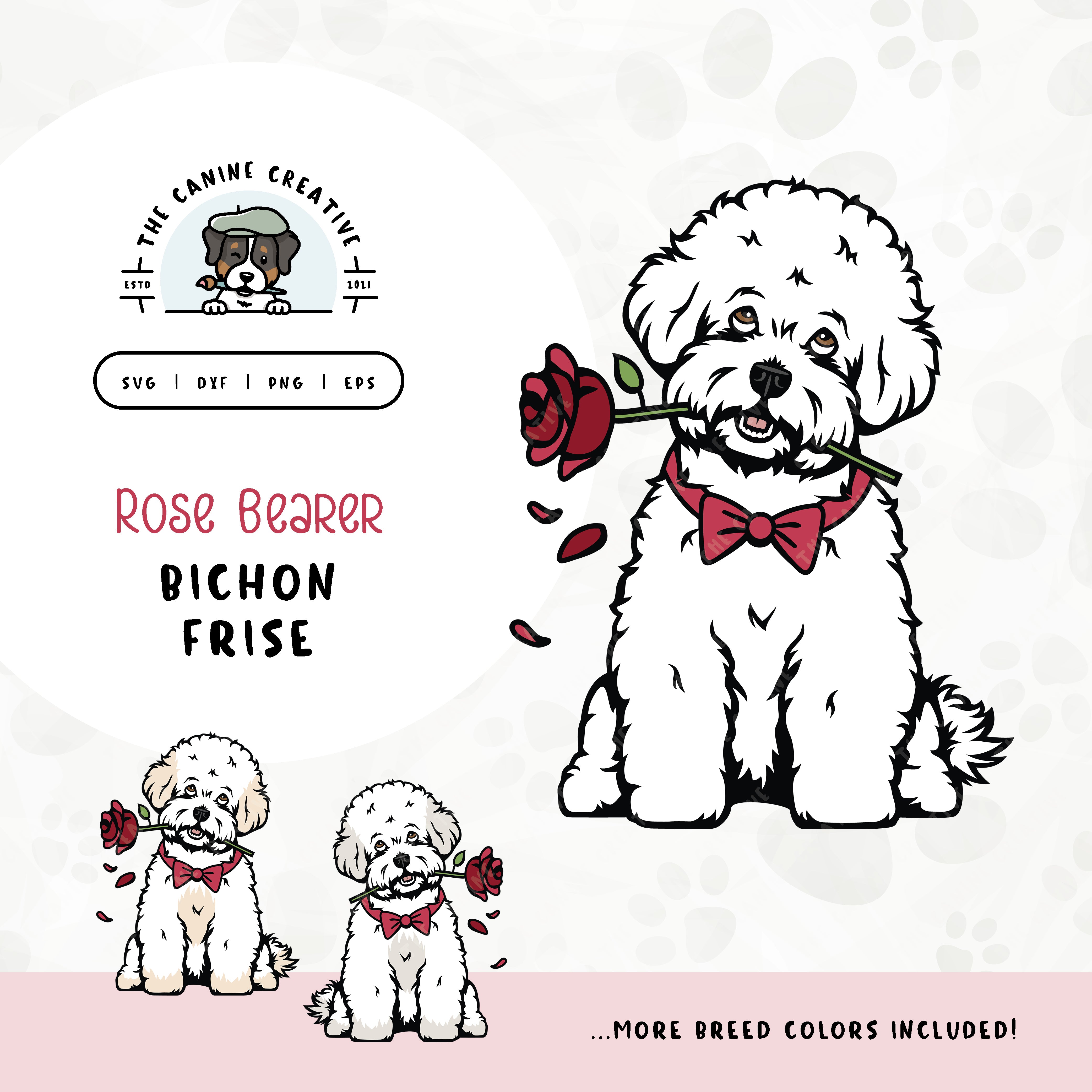 This charming illustration of a Bichon Frise features a dapper dog adorned with a bow-tie and holding a rose. File formats include: SVG, DXF, PNG, and EPS.