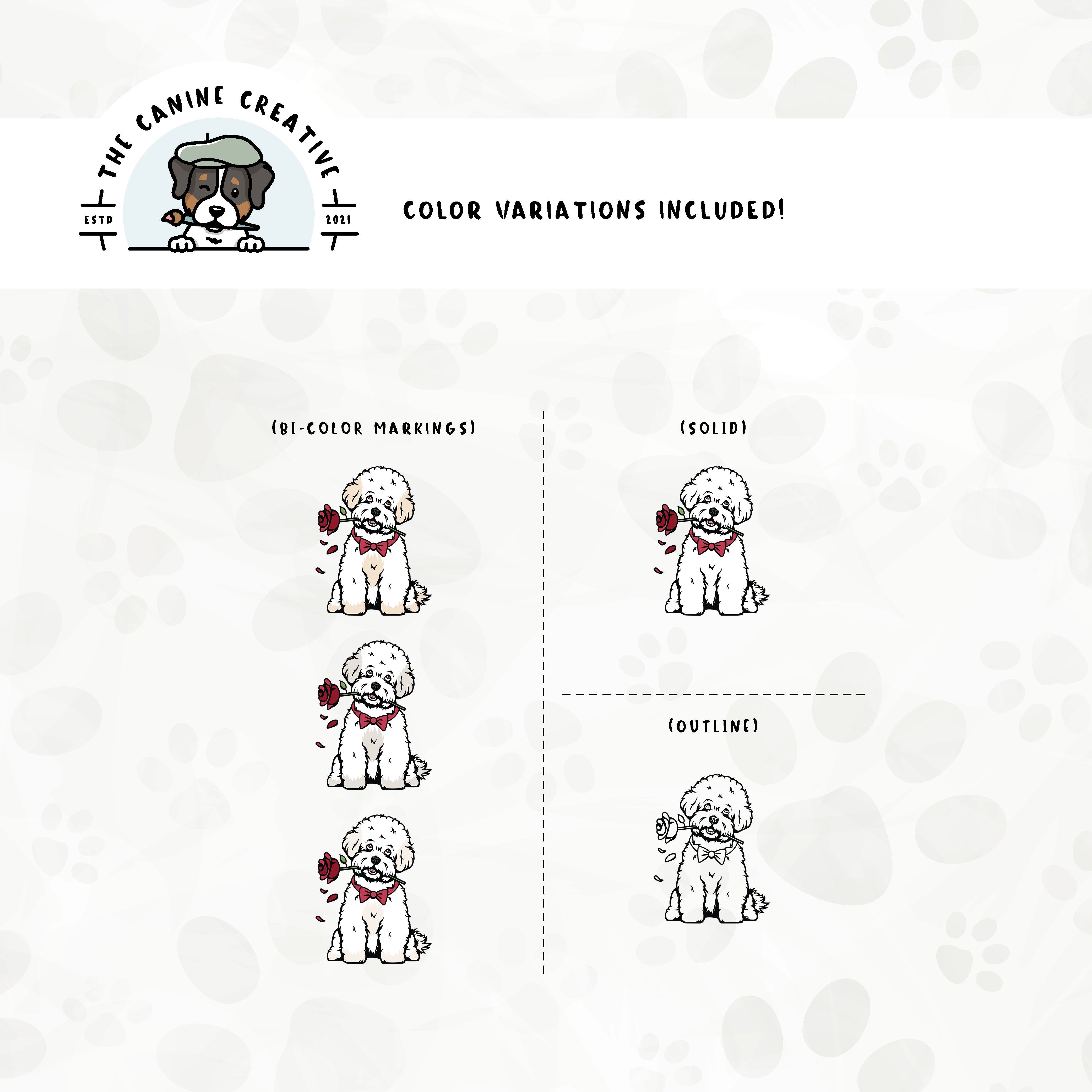 Dog color variations for this design set includes common color and marking variations found in Bichons (white, buff, apricot, and cream), as well as an outline option. 