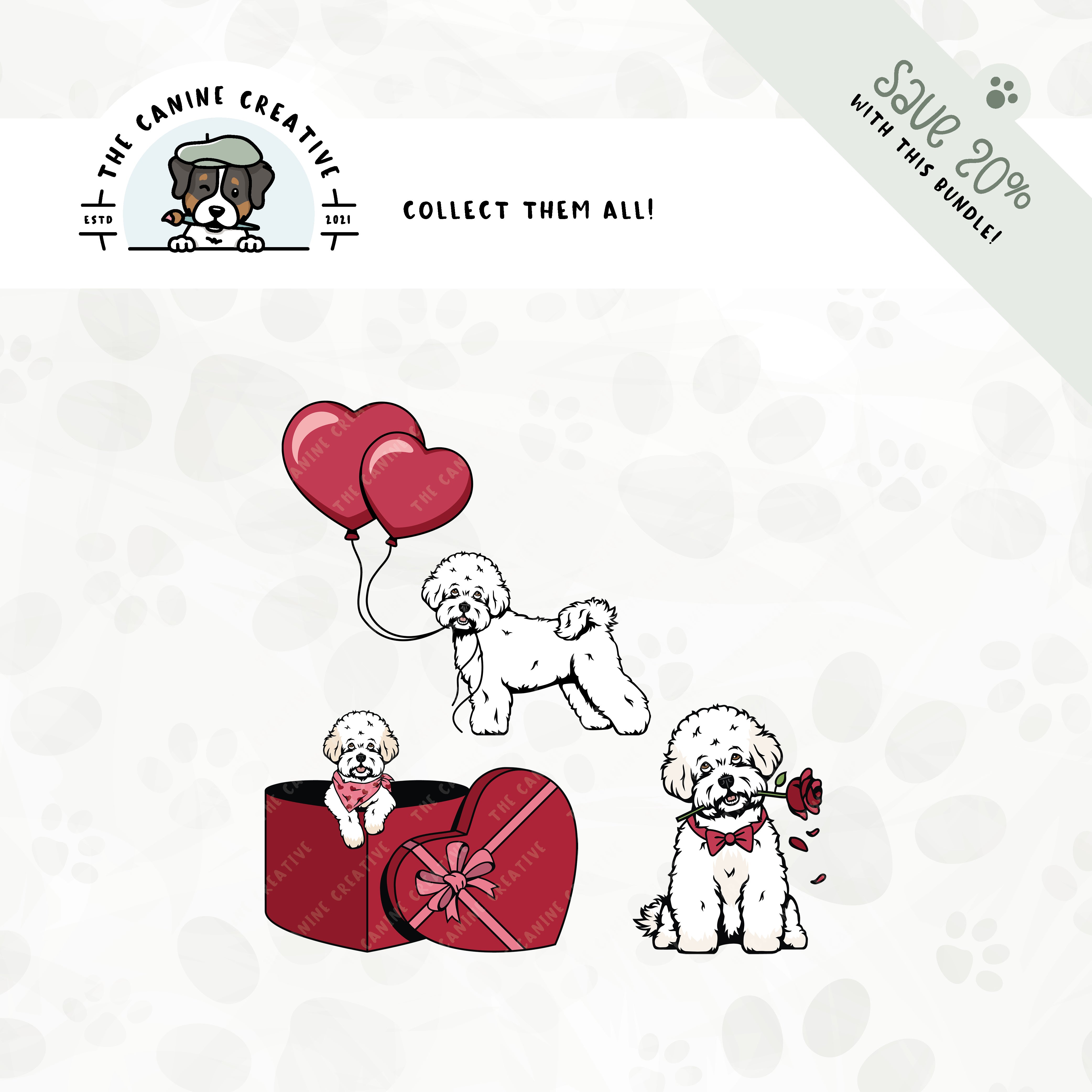 Save 20% with our related 3-pack puppy love design bundle featuring Bishons Frises!