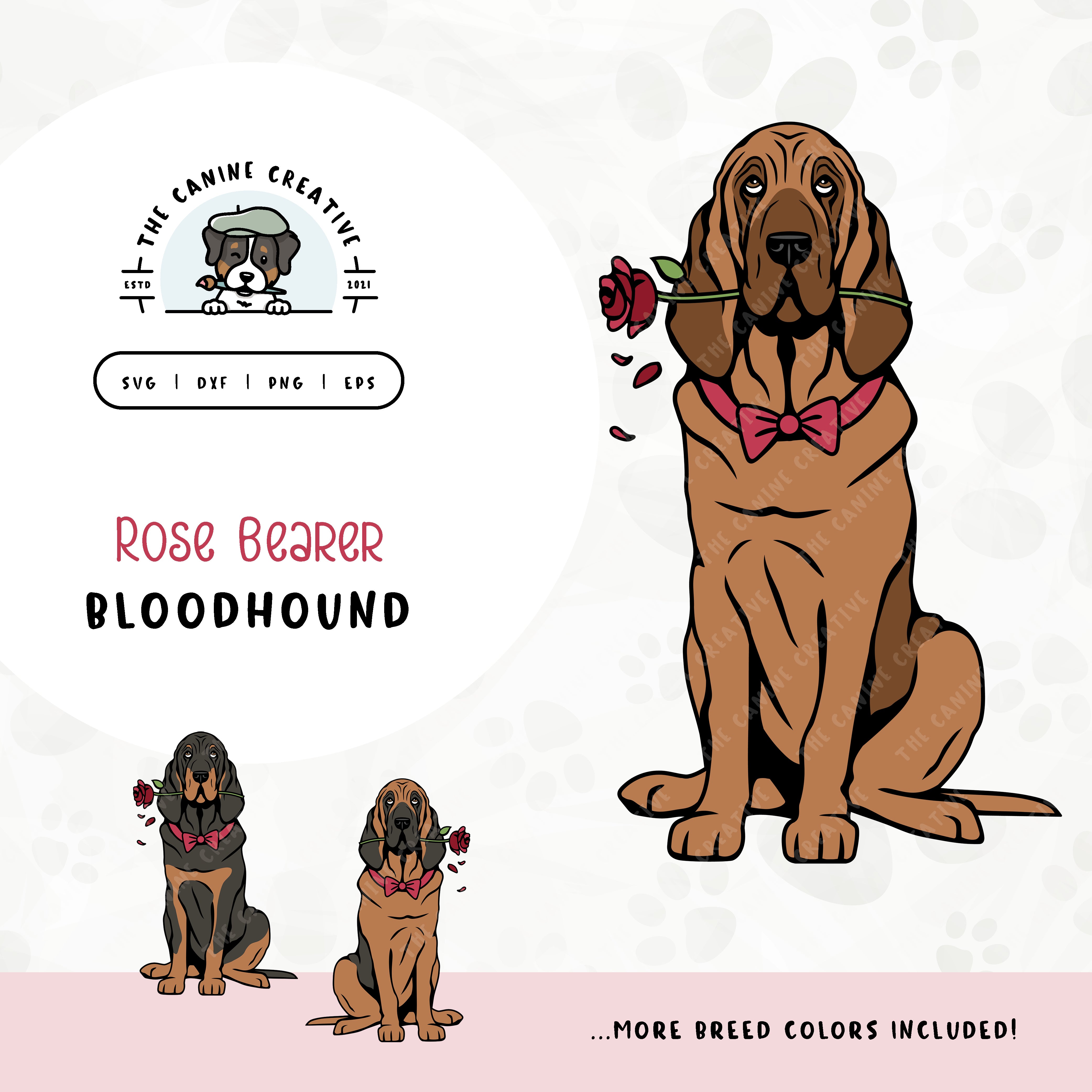 This charming illustration of a Bloodhound features a dapper dog adorned with a bow-tie and holding a rose. File formats include: SVG, DXF, PNG, and EPS.