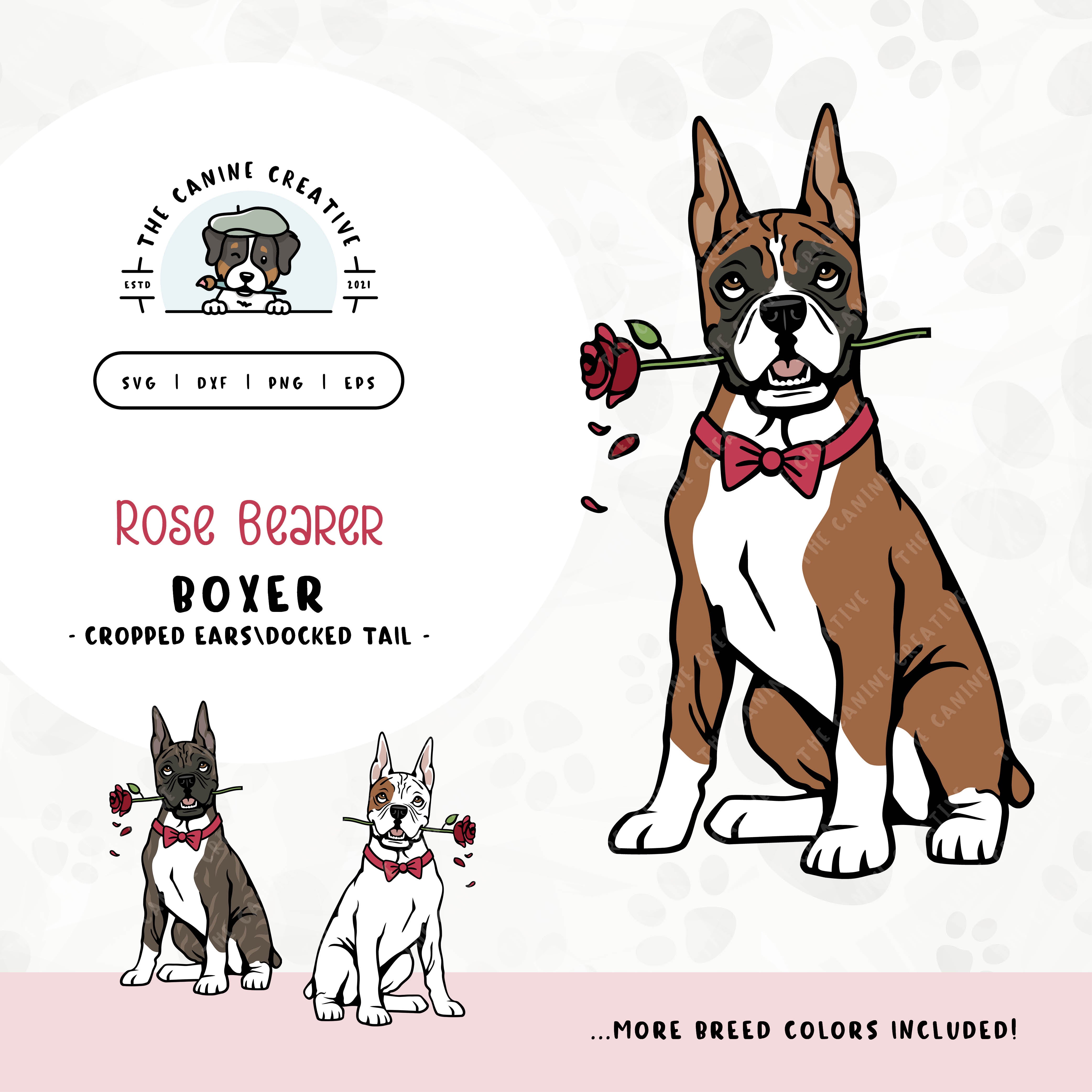 This charming Boxer dog illustration (cropped ears/docked tail edition) features a dapper dog adorned with a bow-tie and holding a rose. File formats include: SVG, DXF, PNG, and EPS.