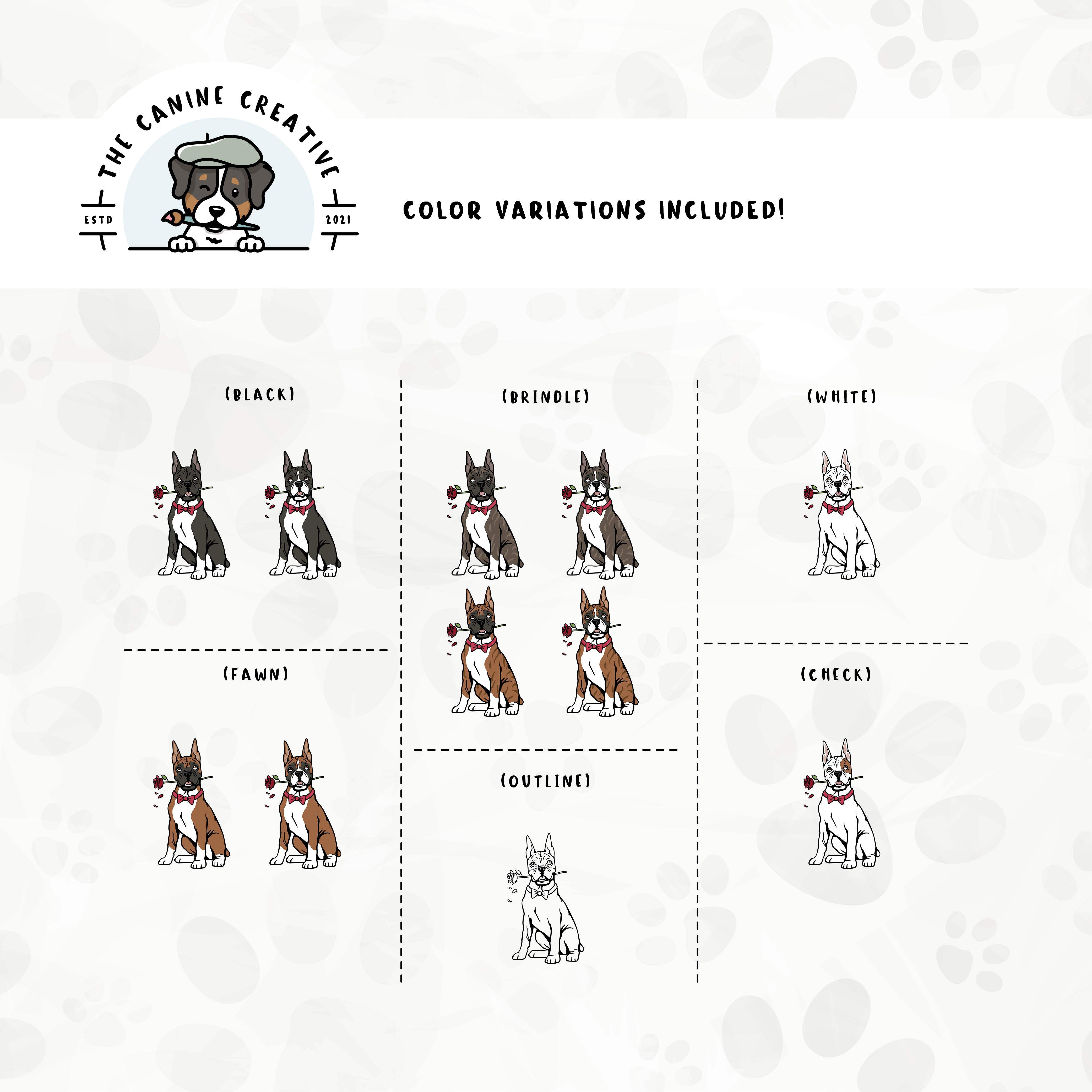 Dog color variations for this Boxer dog design set includes common color and marking variations found in this breed (white, fawn, black, brindle, flashy, classic, and check), as well as an outline option.