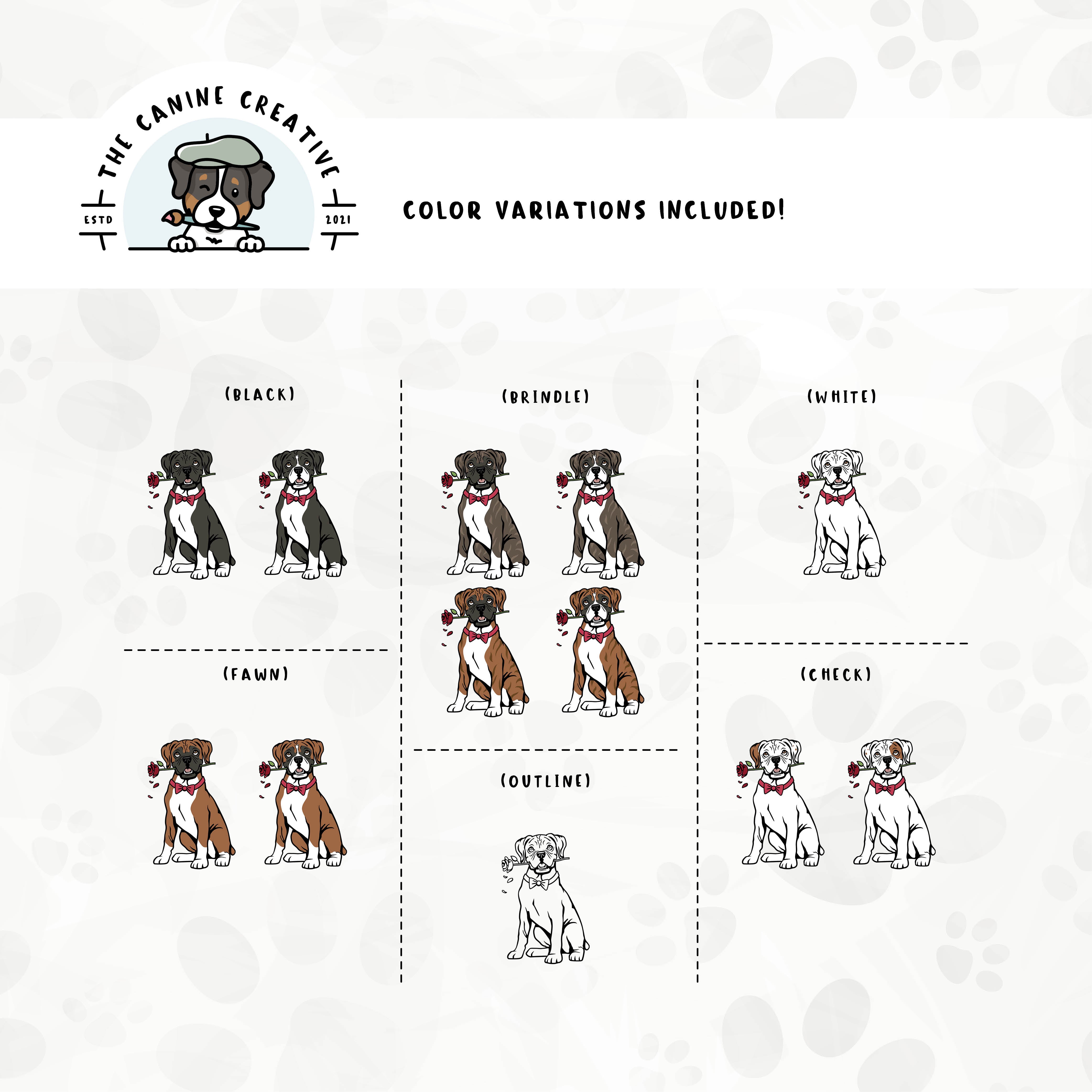 Dog color variations for this Boxer dog design set includes common color and marking variations found in this breed (white, fawn, black, brindle, flashy, classic, and check), as well as an outline option.