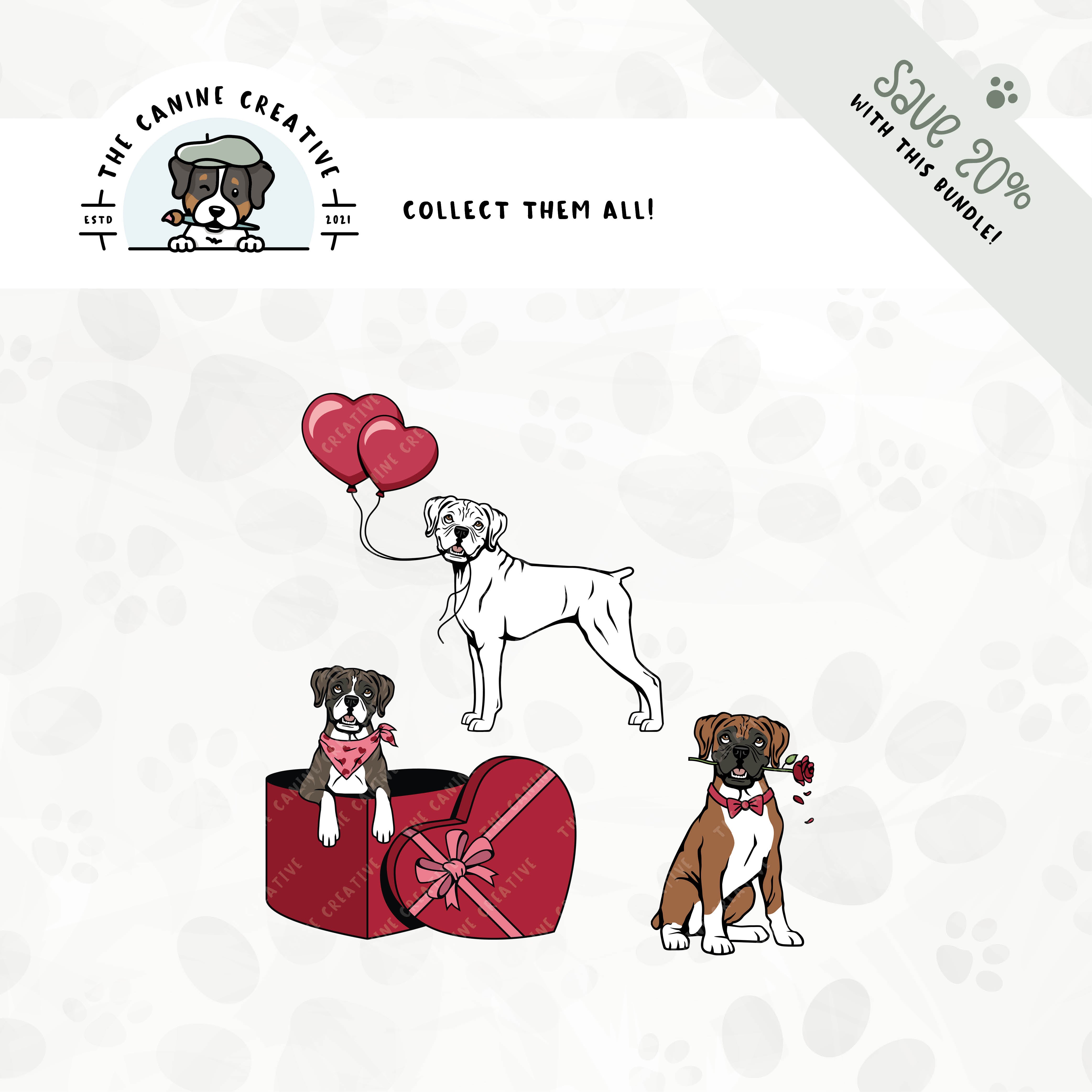 Save 20% with our related 3-pack puppy love design bundle featuring Boxer dogs with floppy ears and docked tails!