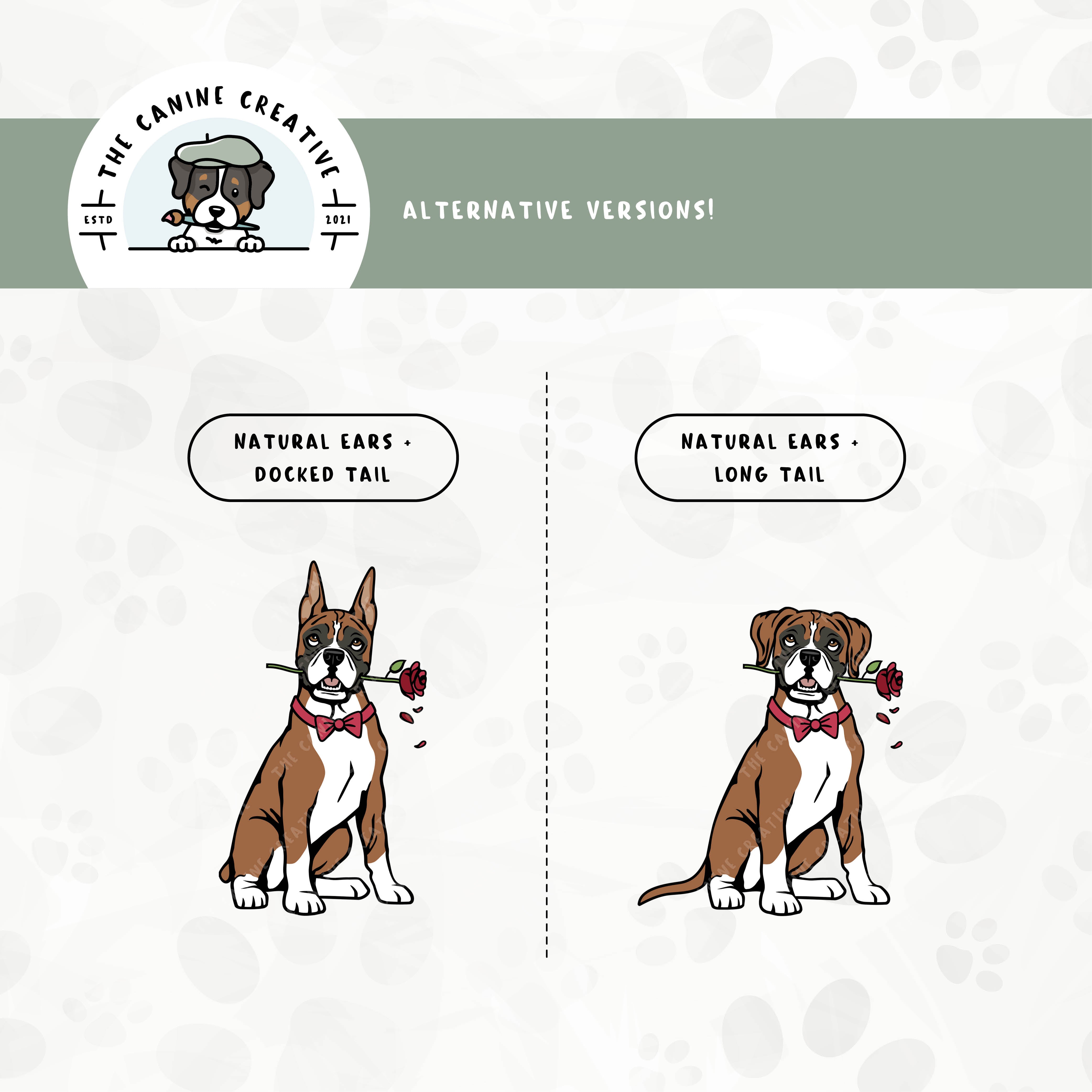 Alternative floppy ear/long tail or cropped ear/docked tail editions are also available for this Boxer dog design.