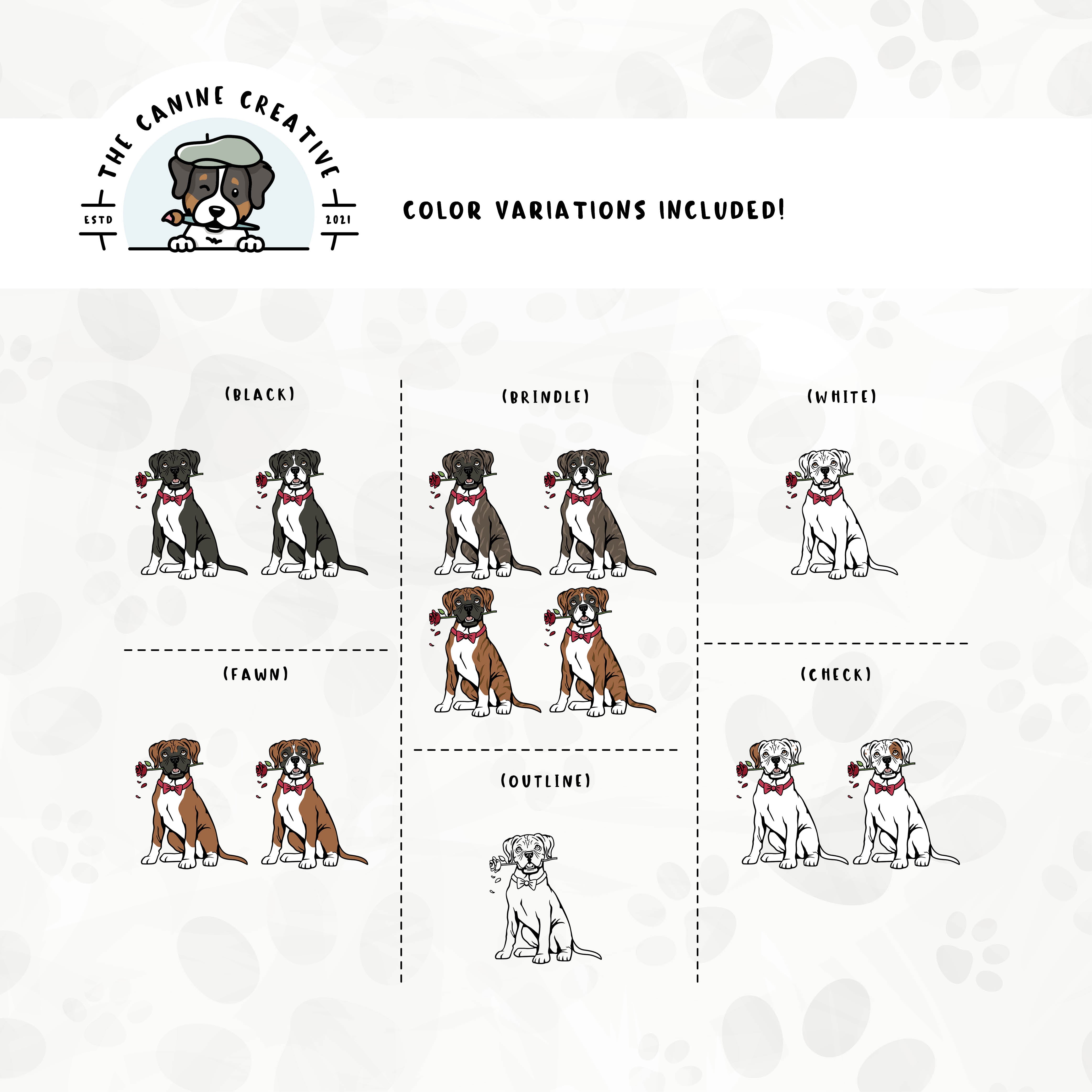 Dog color variations for this Boxer dog design set includes common color and marking variations found in this breed (white, fawn, black, brindle, flashy, classic, and check), as well as an outline option.