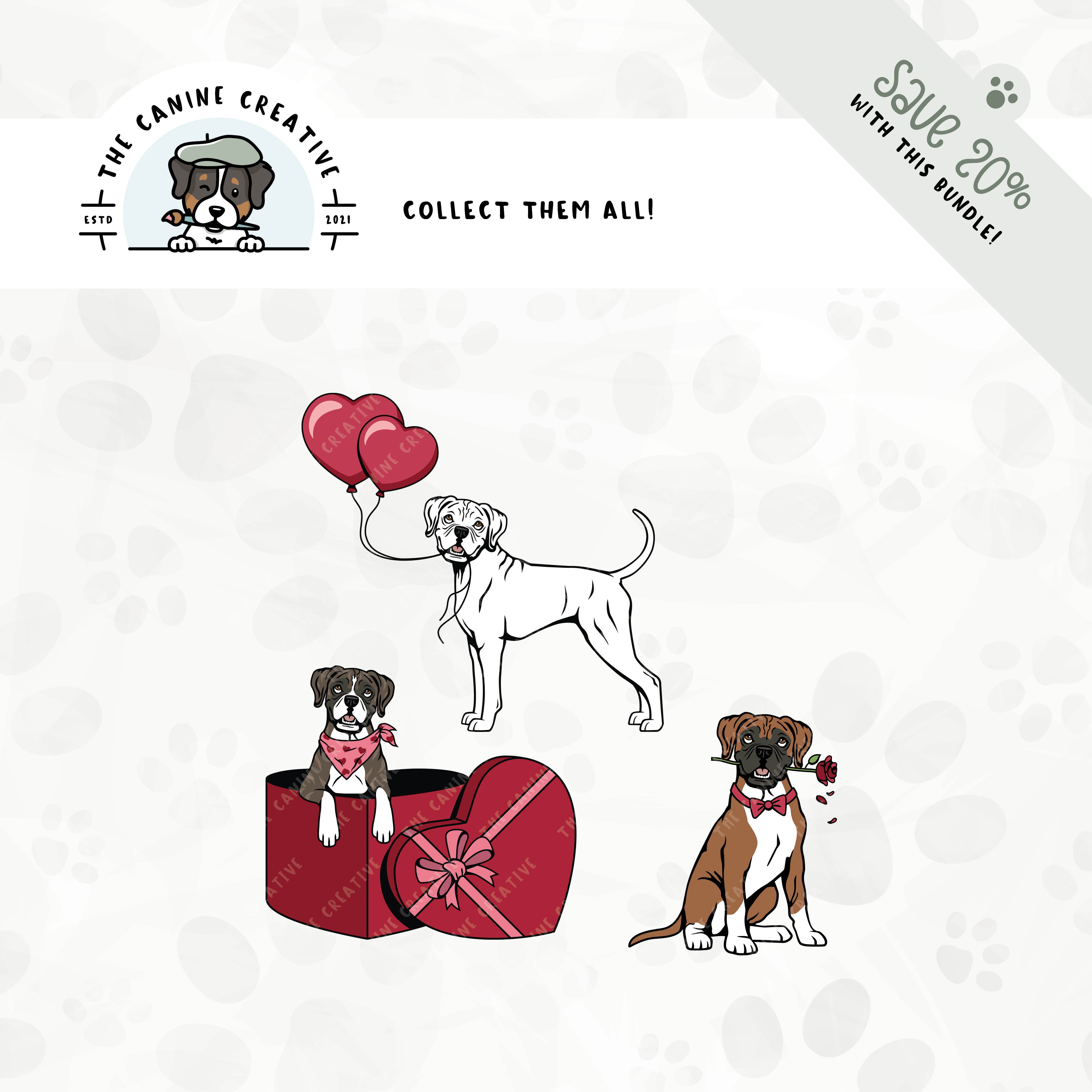 Save 20% with our related 3-pack puppy love design bundle featuring Boxer dogs with floppy ears and long tails!