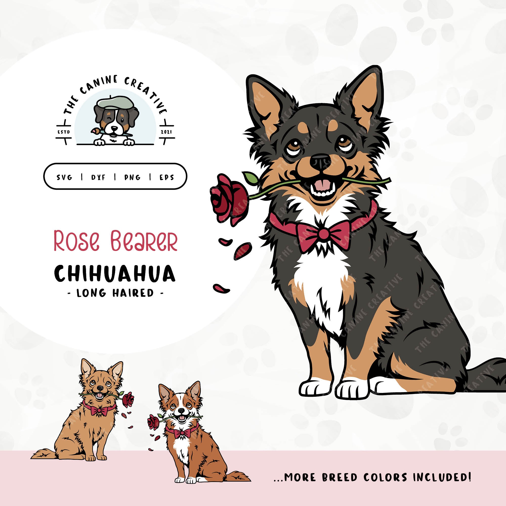 This charming illustration of a Long Haired Chihuahua features a dapper dog adorned with a bow-tie and holding a rose. File formats include: SVG, DXF, PNG, and EPS.