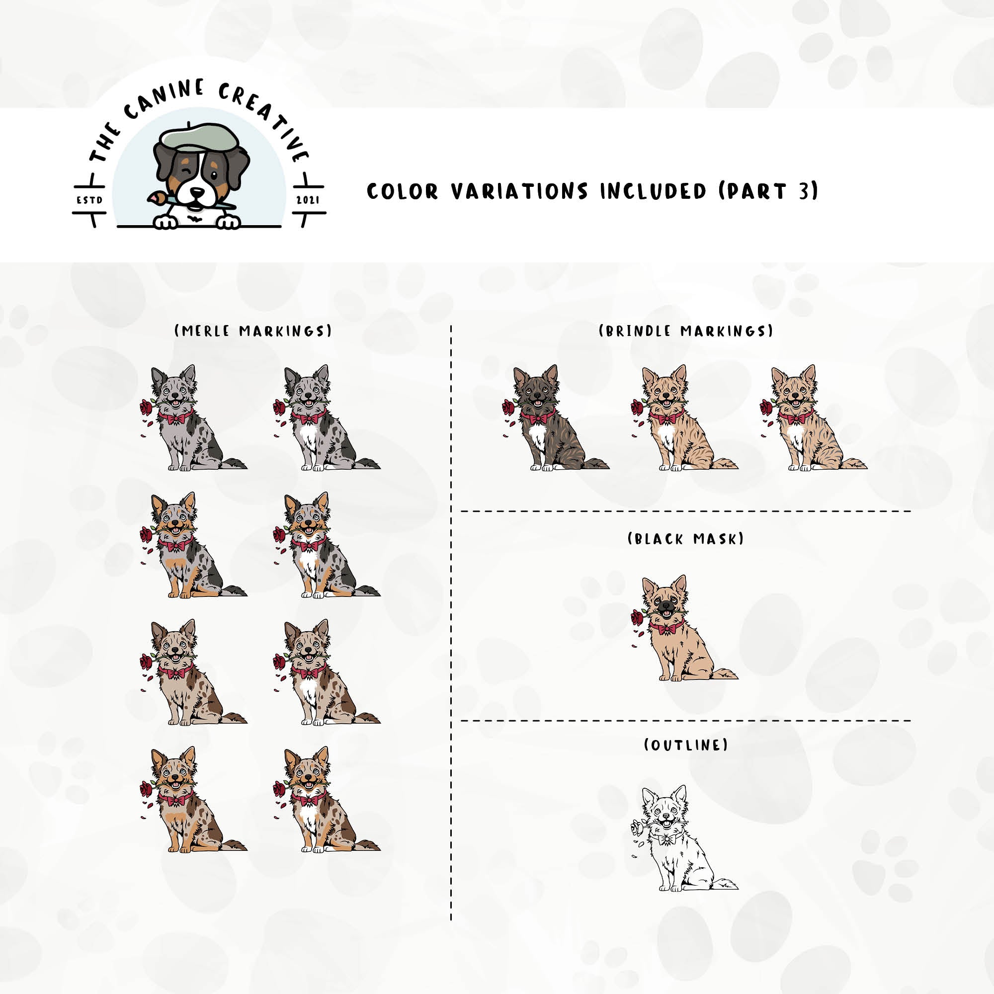 Part 3 of this design set includes Chihuahuas with merle, brindle, and black mask markings, along with an outline option.