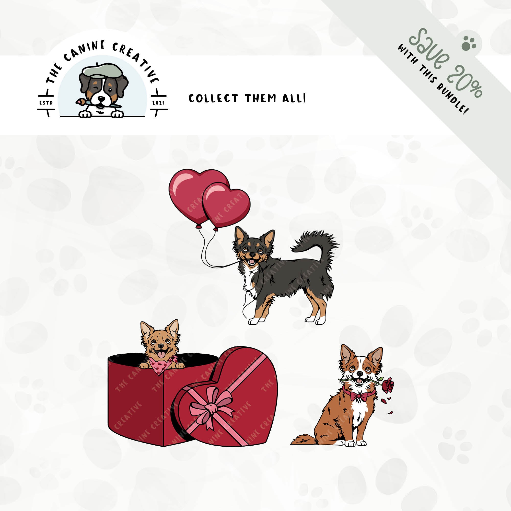 Save 20% with our related 3-pack puppy love design bundles featuring Long Haired Chihuahuas!