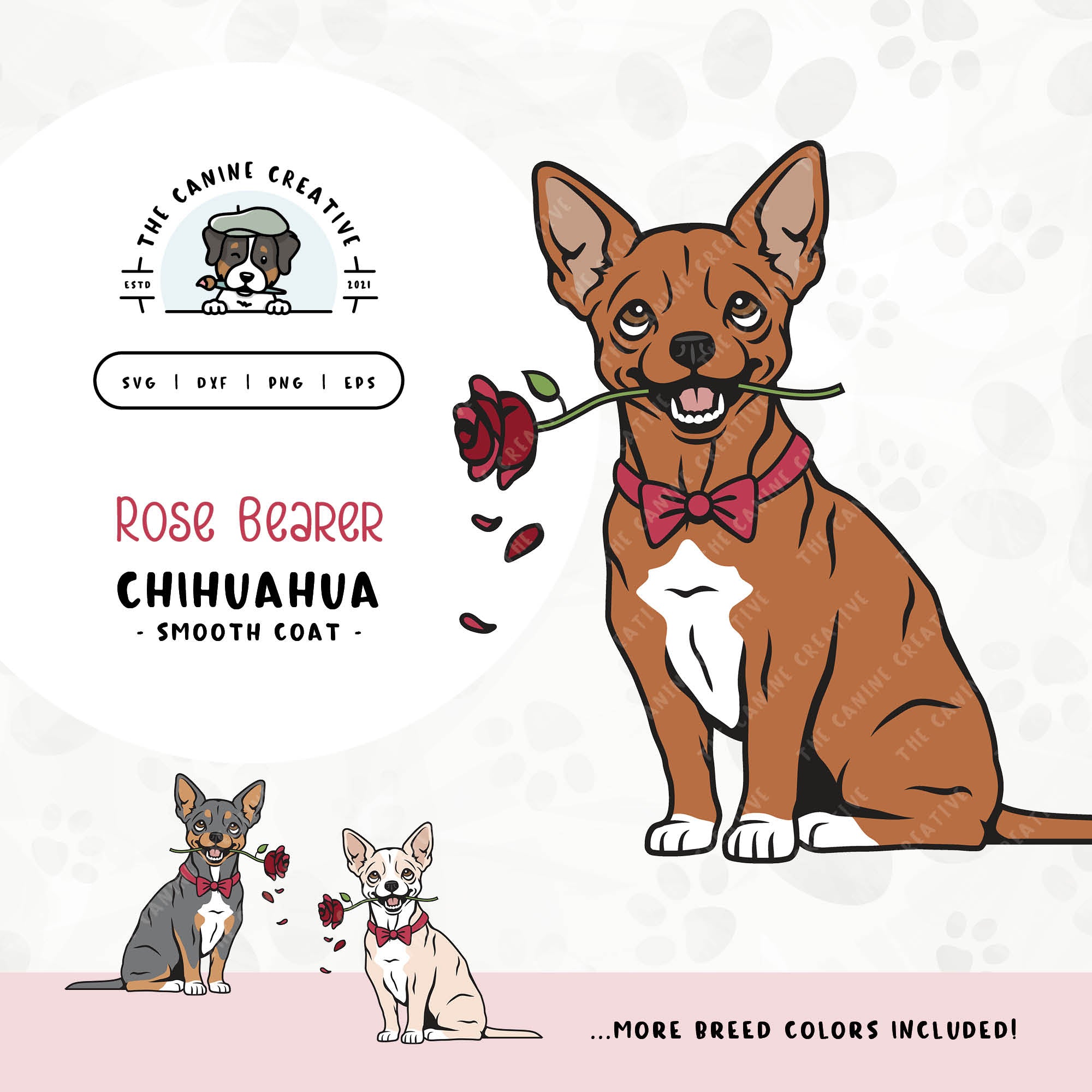 This charming illustration of a Smooth Coat Chihuahua features a dapper dog adorned with a bow-tie and holding a rose. File formats include: SVG, DXF, PNG, and EPS.