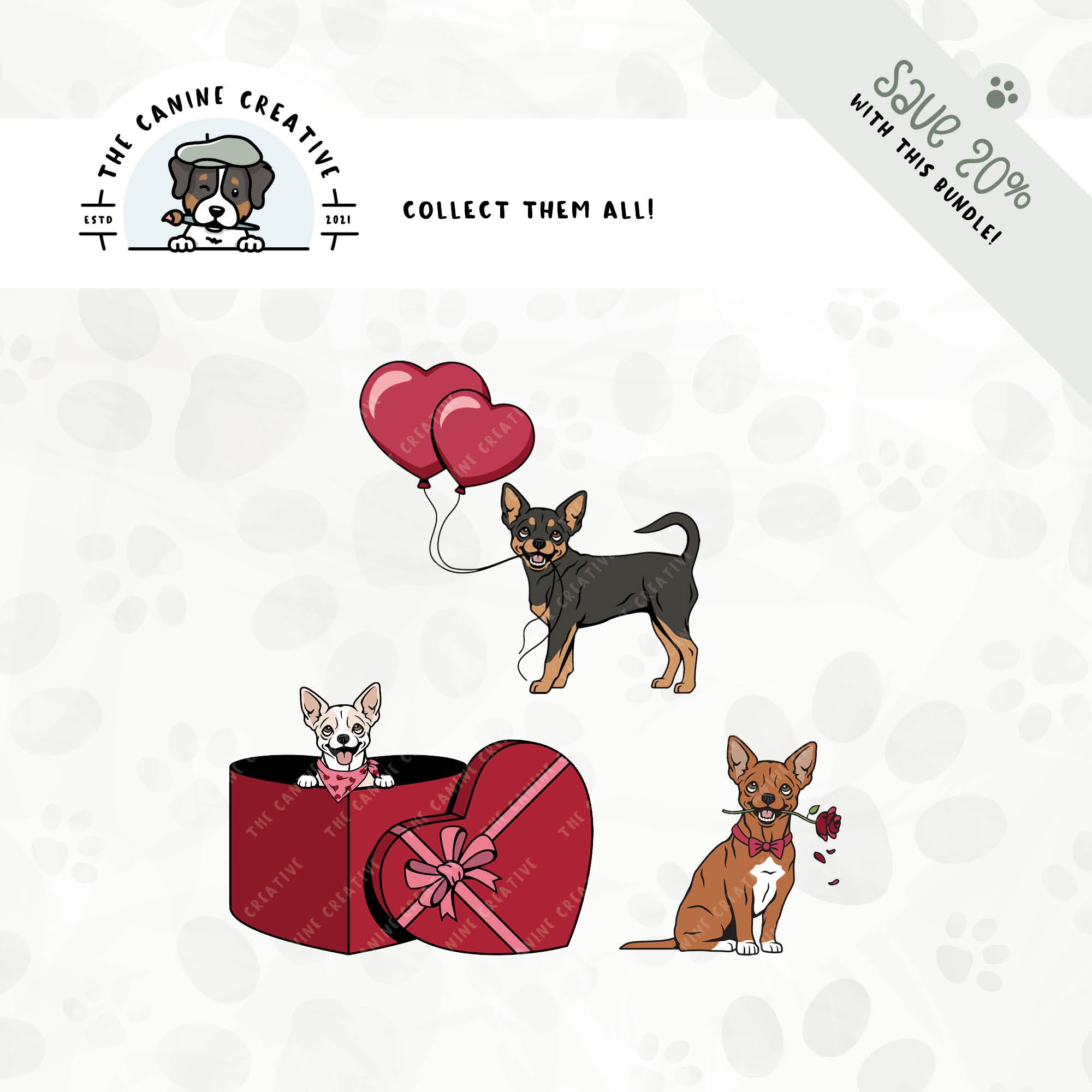 Save 20% with our related 3-pack puppy love design bundles featuring Smooth Coat Chihuahuas!