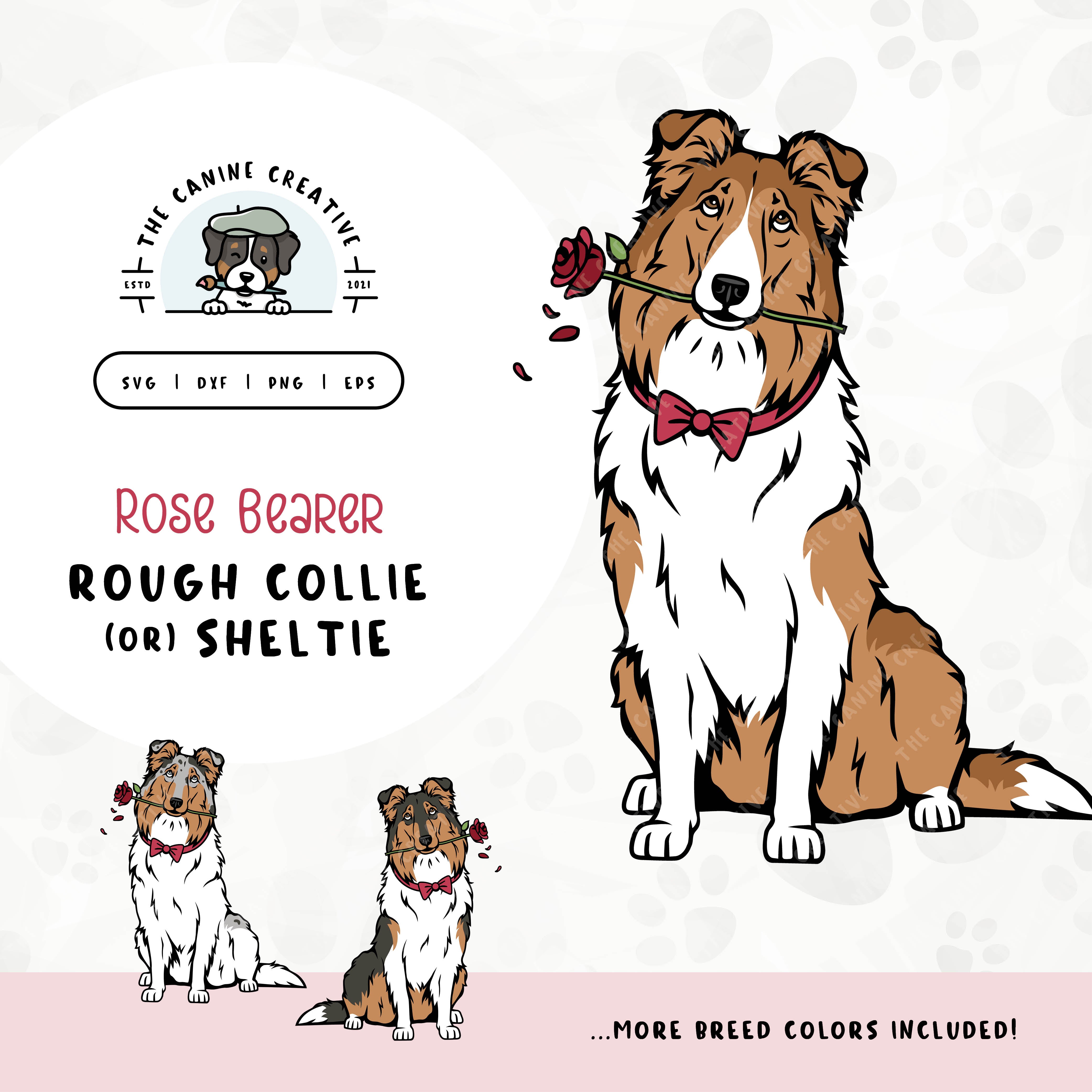 This charming illustration of a Rough Collie/Shetland Sheepdog features a dapper dog adorned with a bow-tie and holding a rose. File formats include: SVG, DXF, PNG, and EPS.