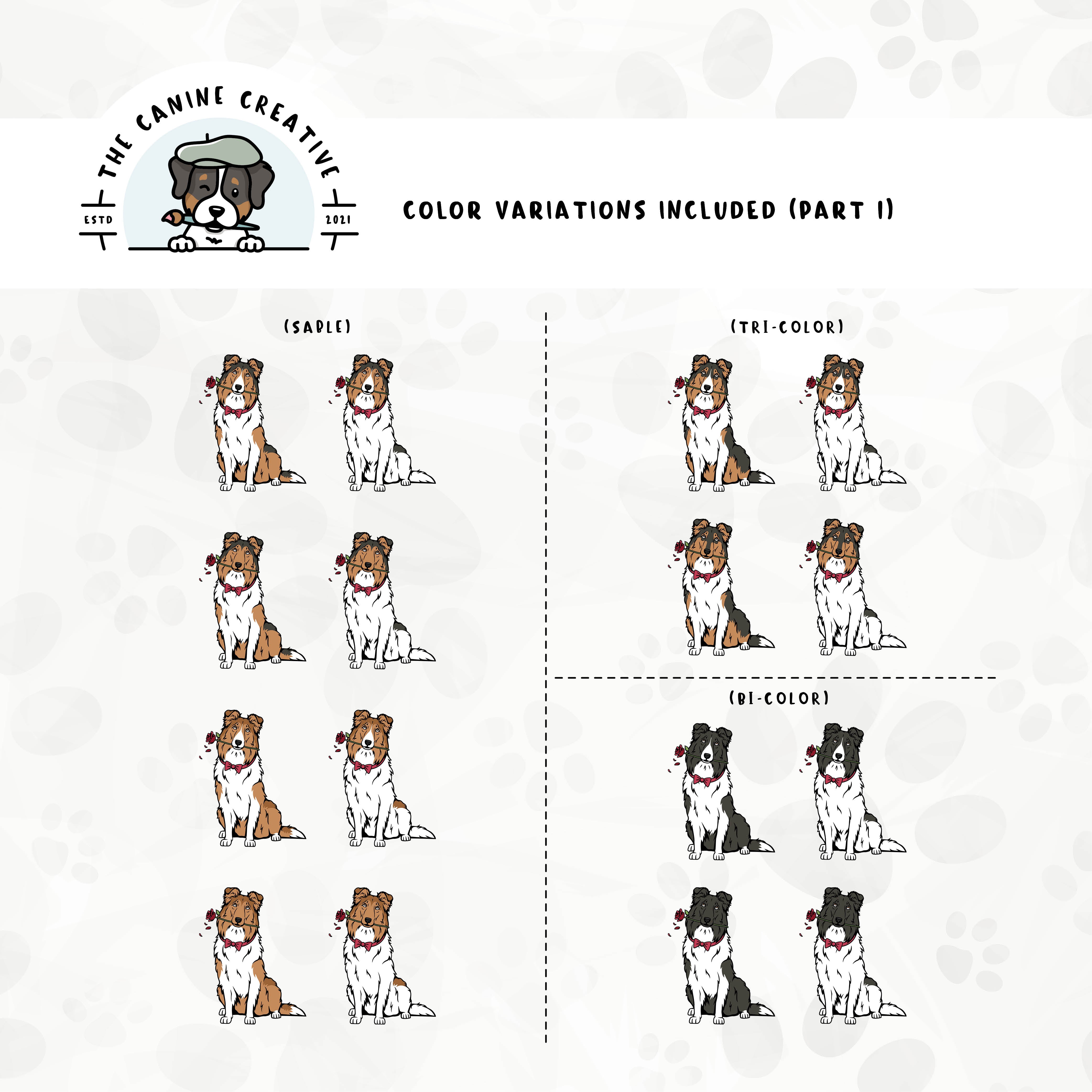 Part 1 of dog color variations for this Rough Collie/Sheltie design bundle includes bi-black, sable, and tri-color in standard and white-factored markings.