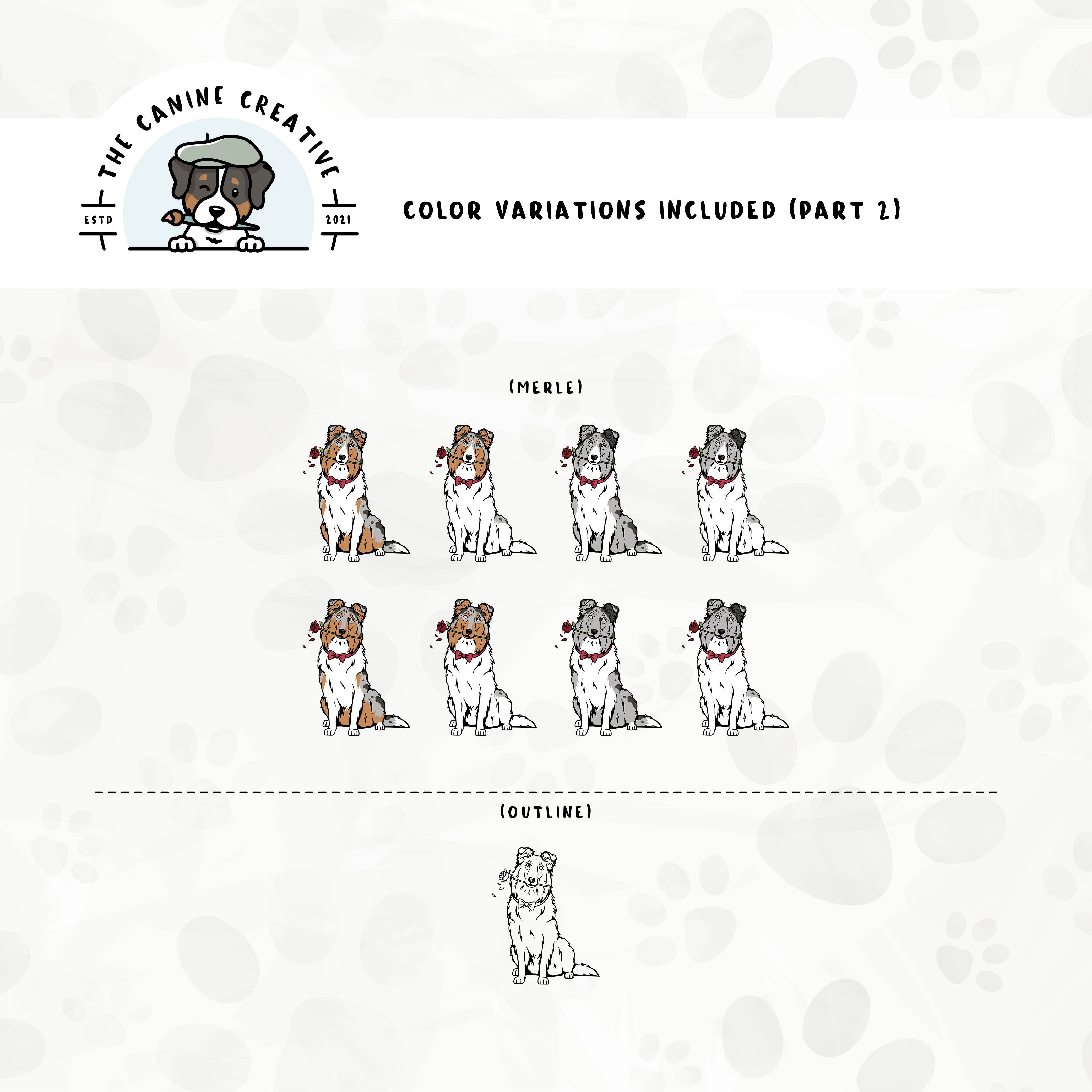 Part 2 of dog color variations for this Rough Collie/Sheltie design bundle includes bi-blue and merle in standard and white-factored markings as well as an outline version.