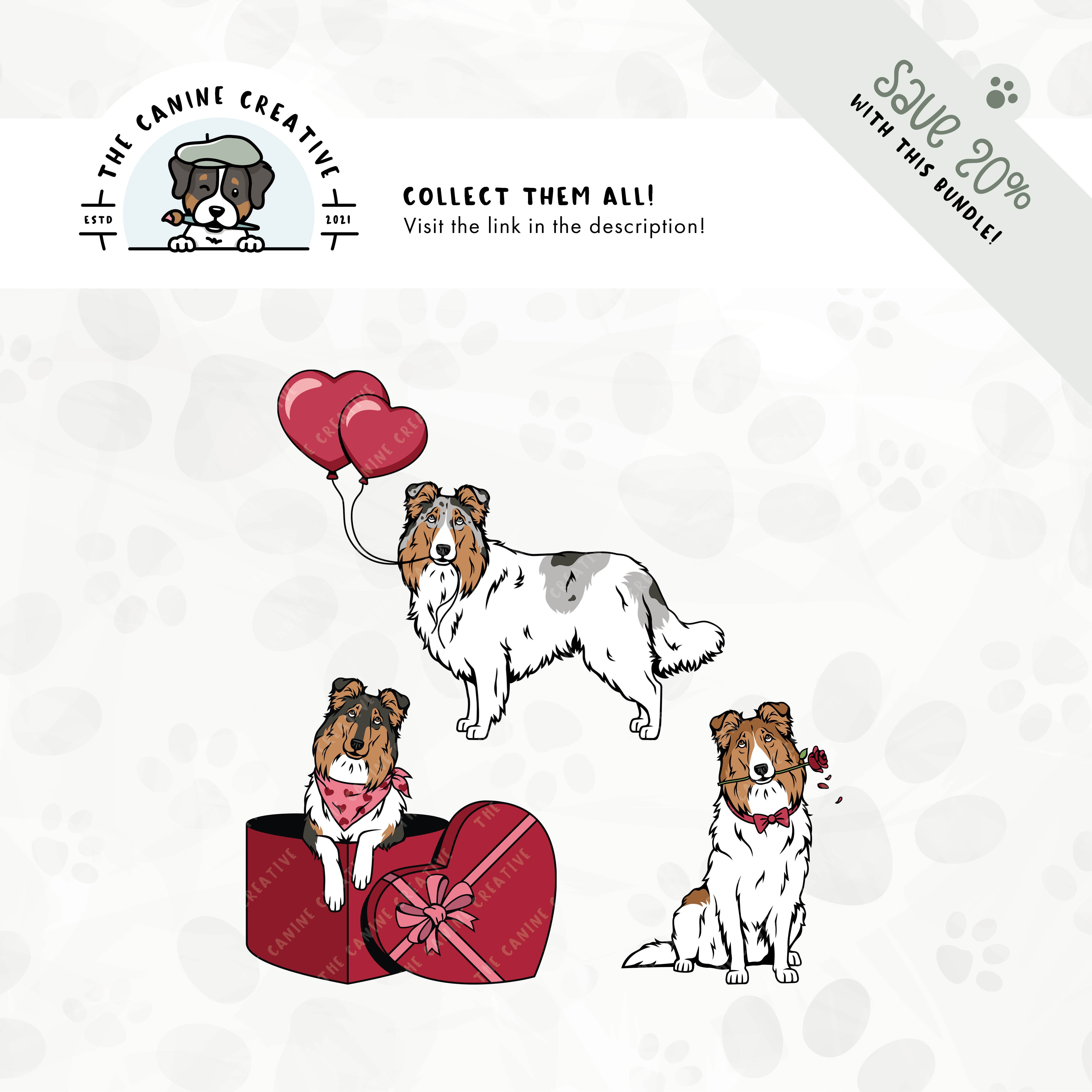  Save 20% with our related 3-pack, Rough Collie/Shetland Sheepdog puppy love illustration bundle!