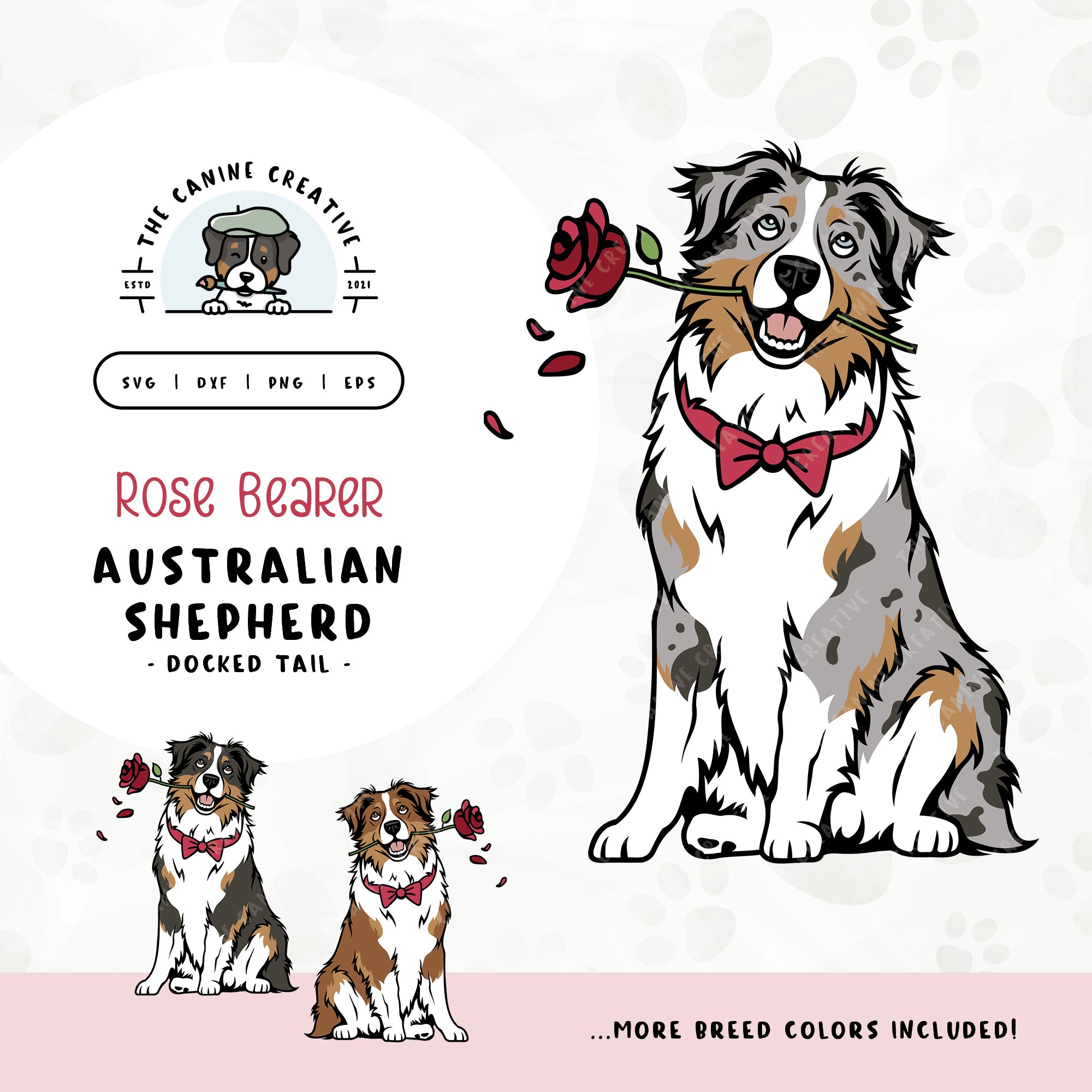This charming illustration of an Australian Shepherd with a docked tail features a dapper dog adorned with a bow-tie and holding a rose. File formats include: SVG, DXF, PNG, and EPS.