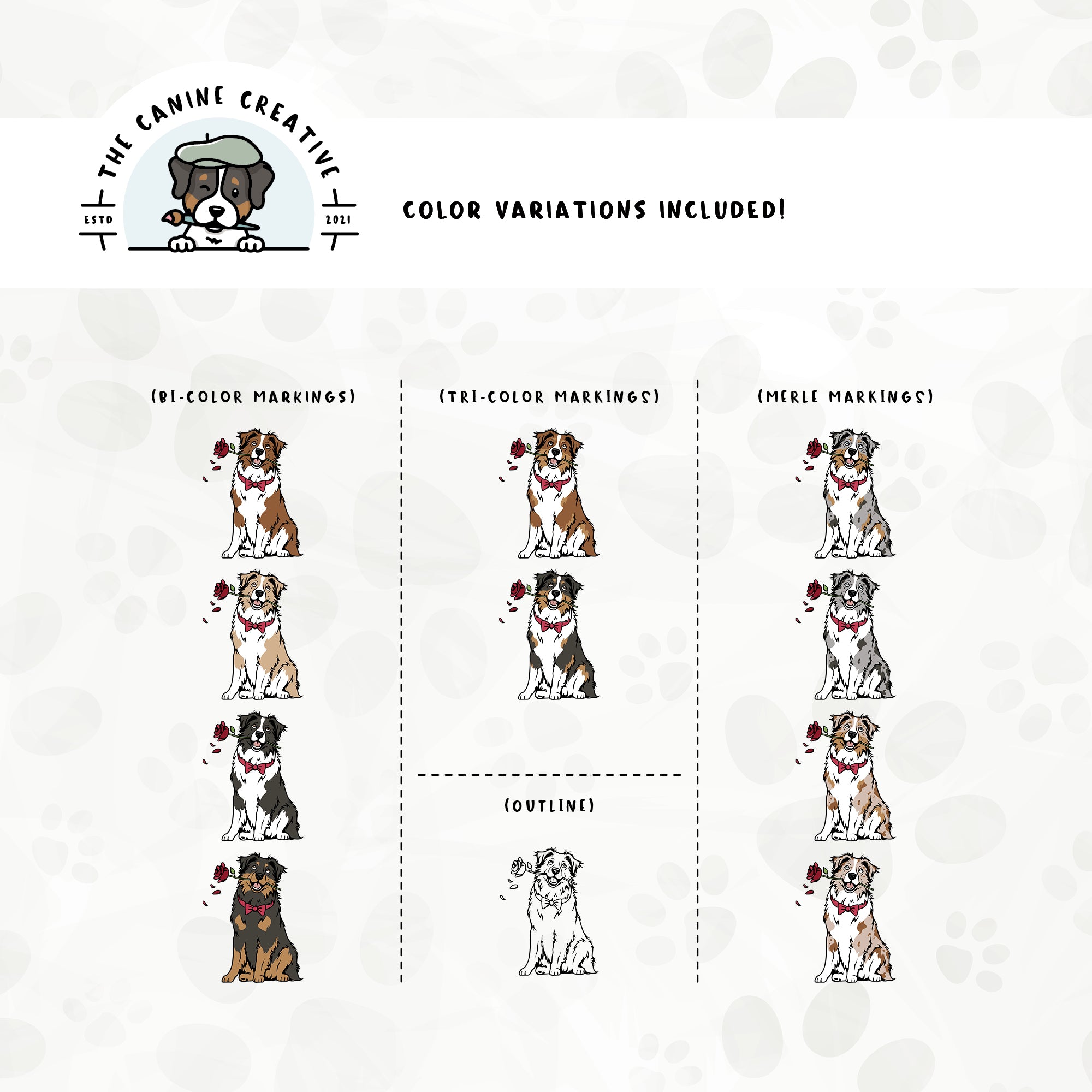 Dog color variations for this design set includes common color and marking variations found in Aussies (bi, tri, and Merle), as well as an outline option. 