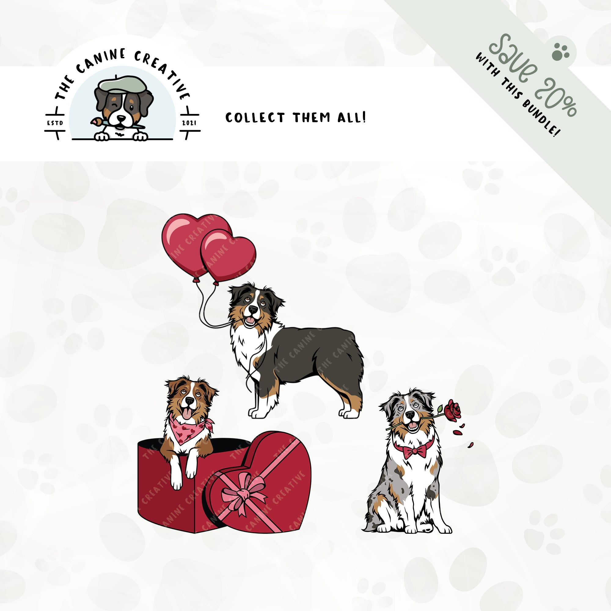 Save 20% with our related 3-pack puppy love design bundle featuring Australian Shepherds with docked tails!