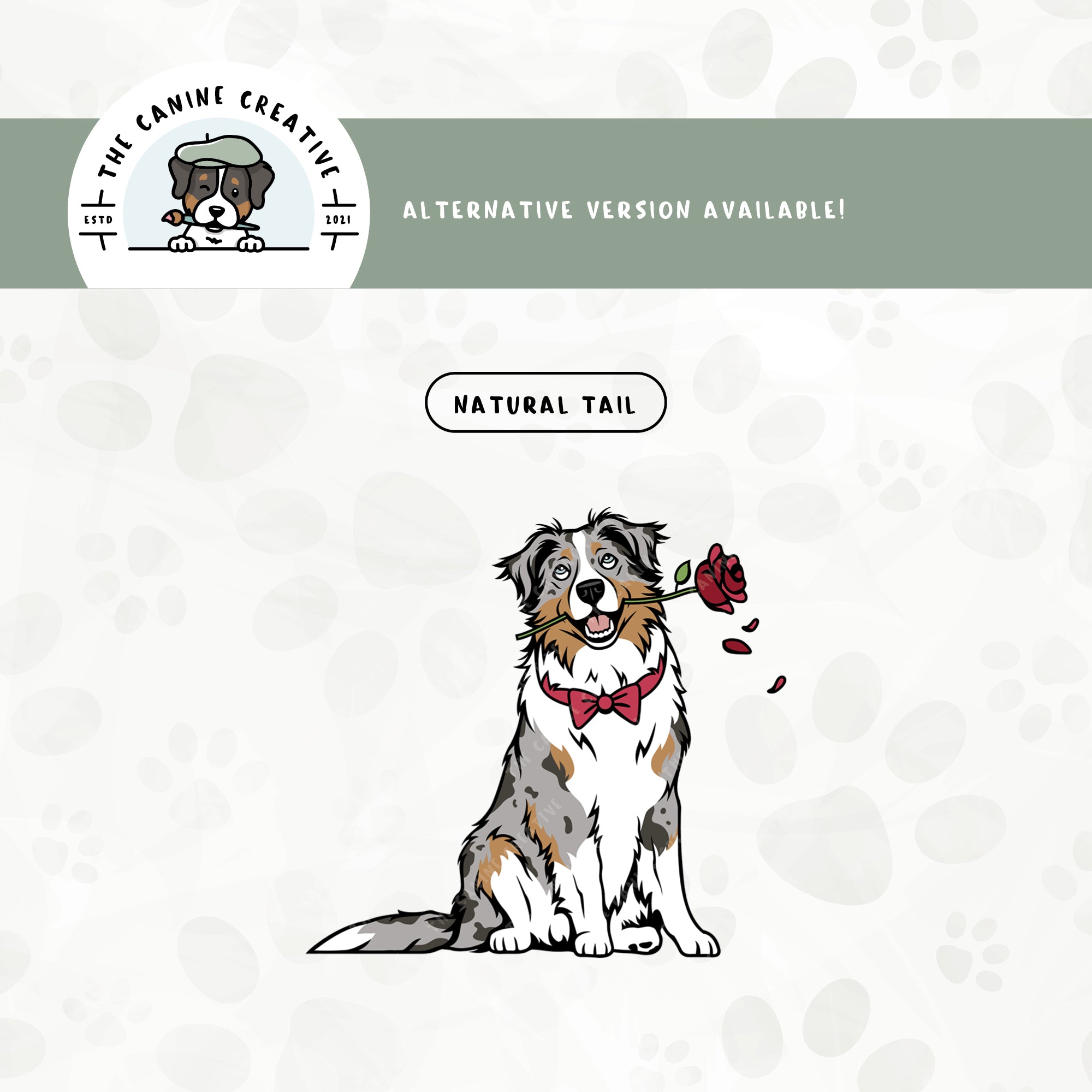 A long tail version is also available for this rose-bearing Australian Shepherd design.