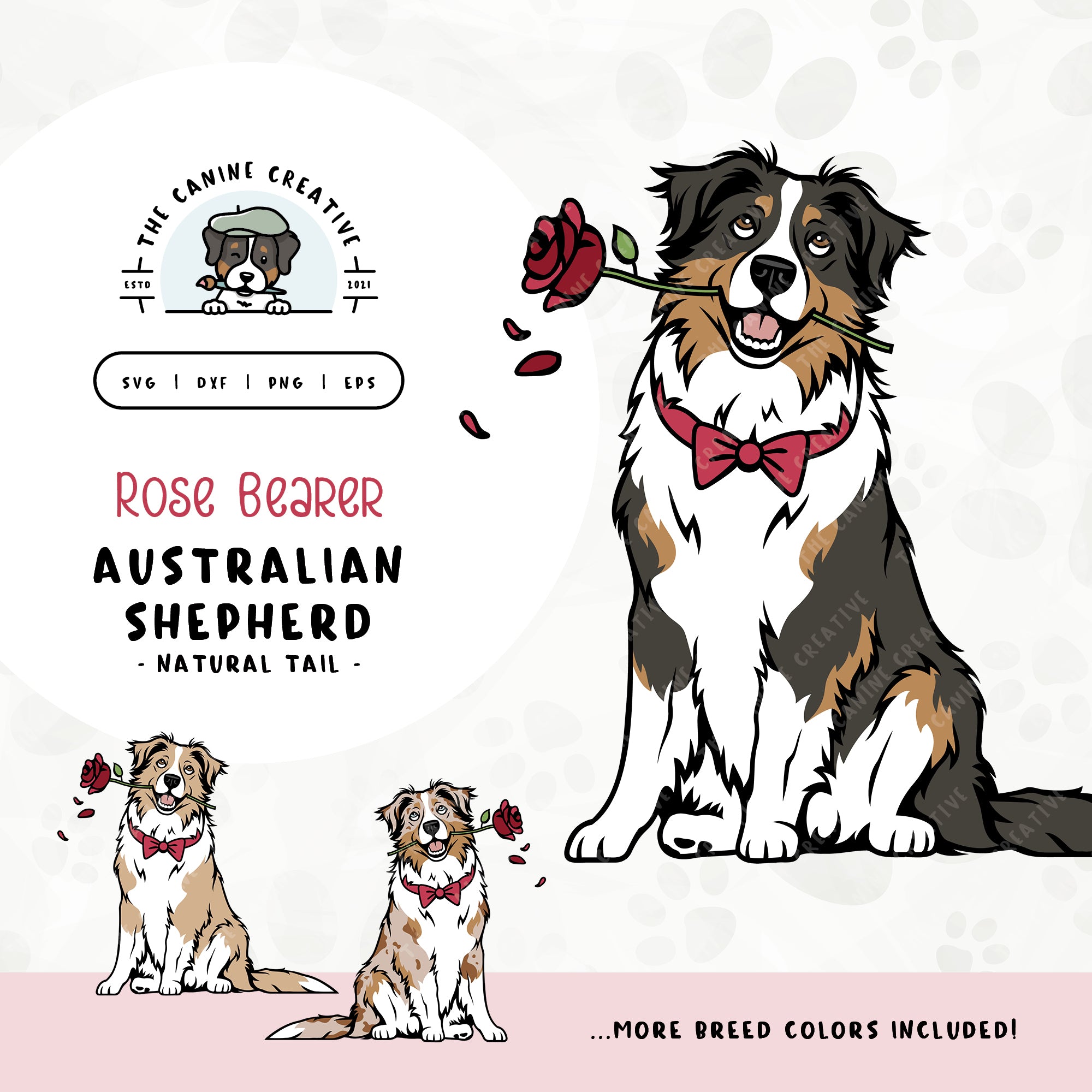 This charming illustration of an Australian Shepherd with a long tail features a dapper dog adorned with a bow-tie and holding a rose. File formats include: SVG, DXF, PNG, and EPS.