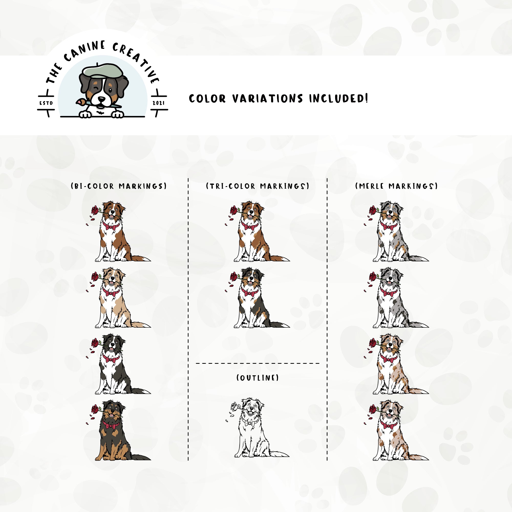 Dog color variations for this design set includes common color and marking variations found in Aussies (bi, tri, and Merle), as well as an outline option. 