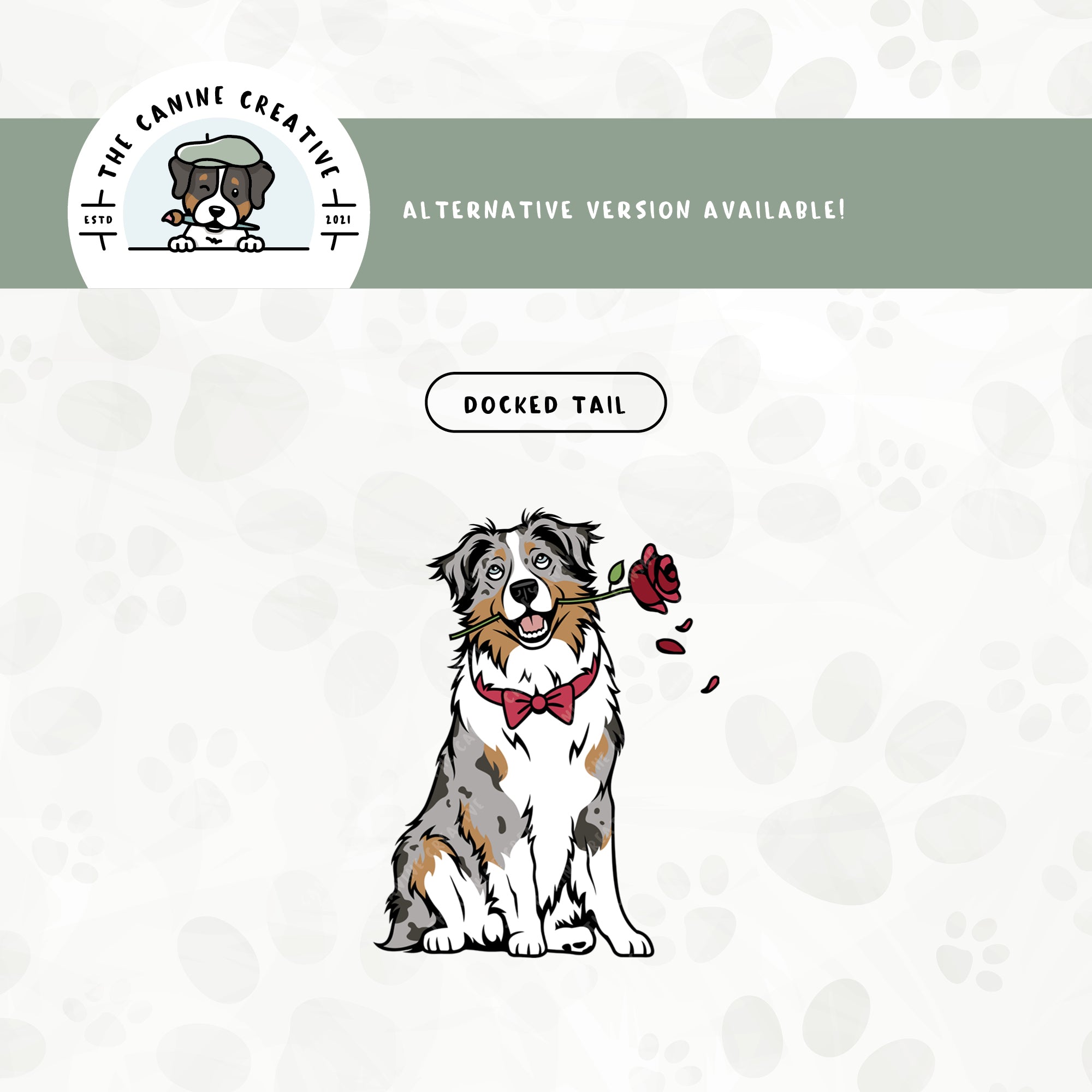 Save 20% with our related 3-pack puppy love design bundle featuring Australian Shepherds with long tails!