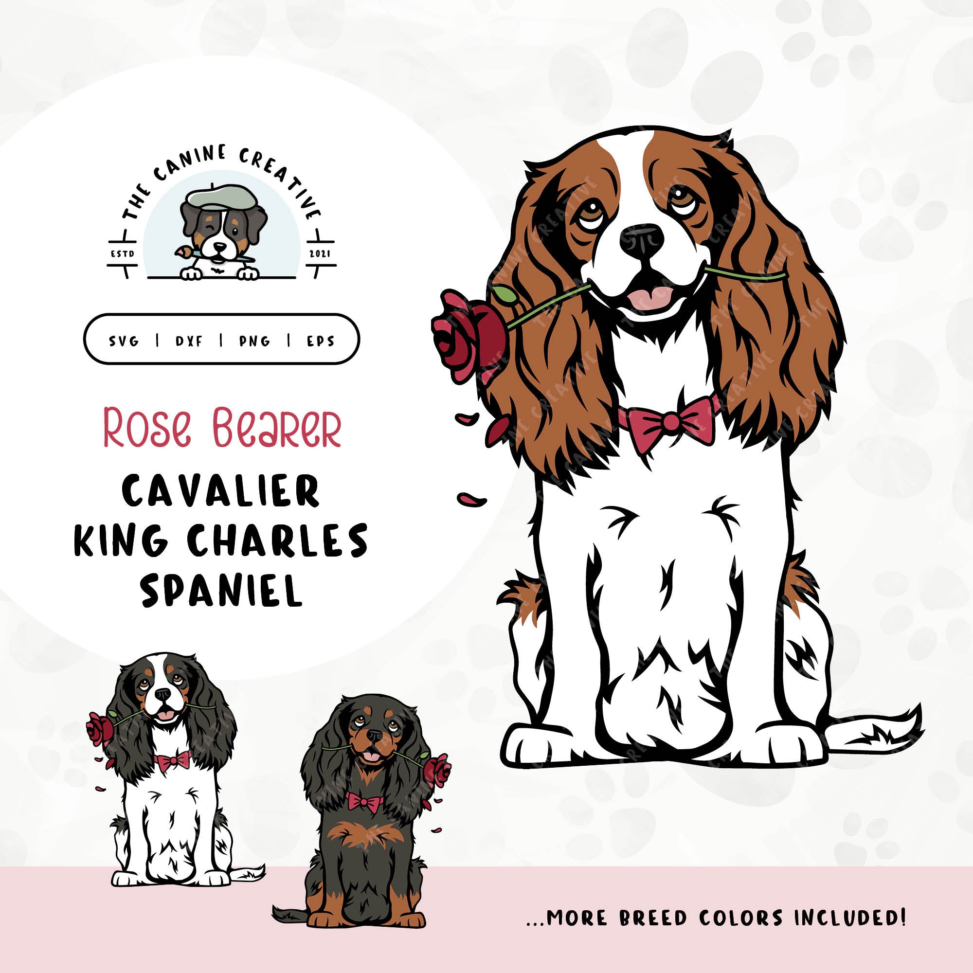 This charming illustration of a Cavalier King Charles Spaniel features a dapper dog adorned with a bow-tie and holding a rose. File formats include: SVG, DXF, PNG, and EPS.