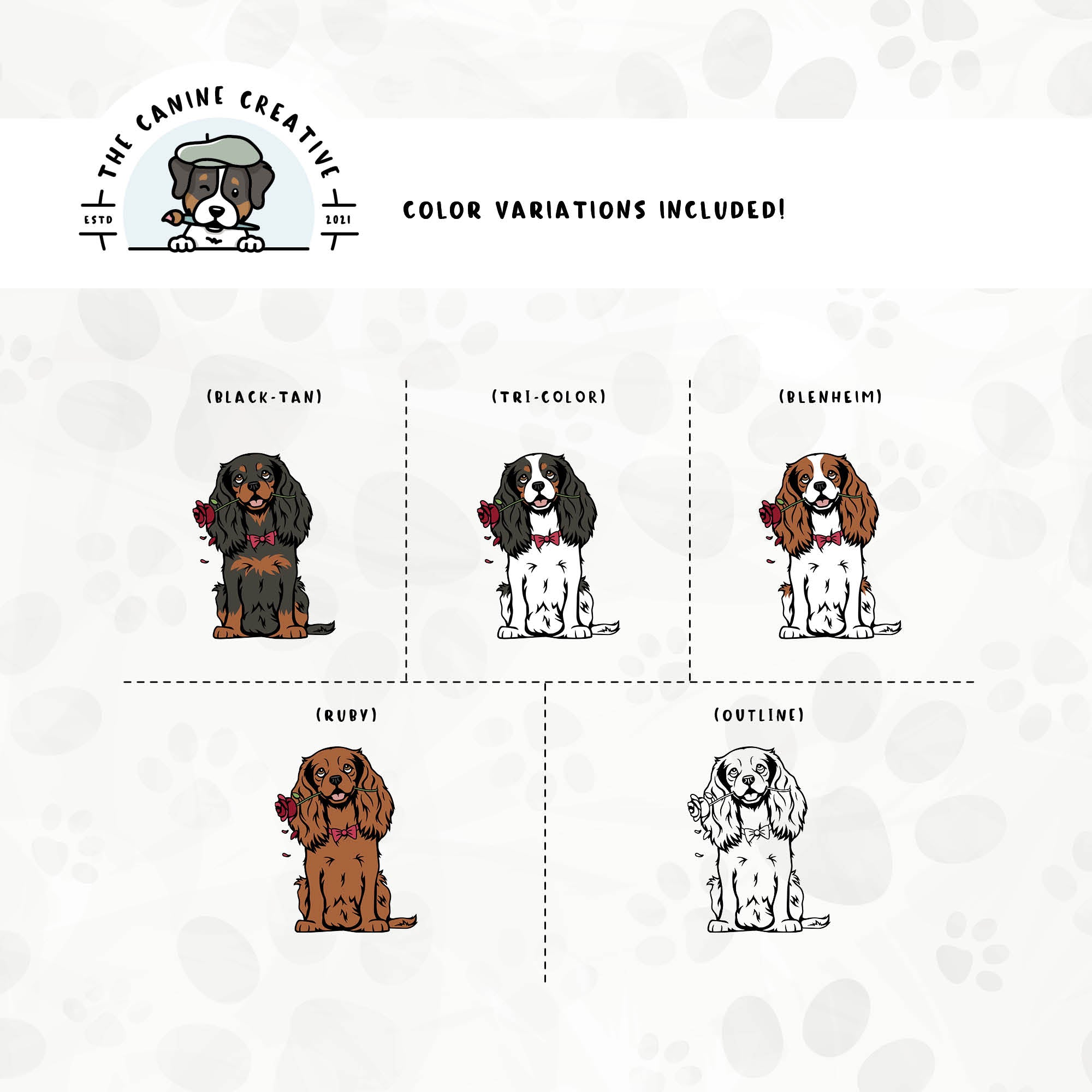 Dog color variations for this Cavalier King Charles Spaniel design set includes common color and marking variations found in this breed (blenheim, tri-color, black-tan, and ruby), as well as an outline option.